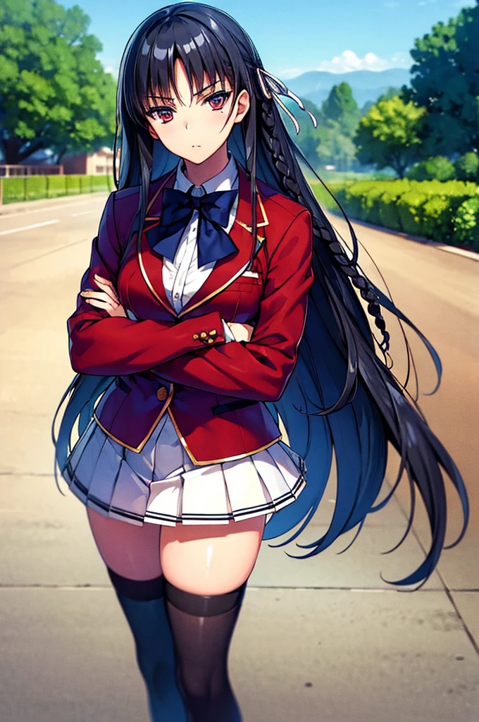 (masterpiece, best quality:1.4), (ultra detailed:1.4), super fine illustration, perfect anatomy, (official art:0.7), 
1girl,
Suzune Horikita, 
Suzune Horikita \(youjitsu\),
long hair, braid, 
black hair, 
red eyes, slant eyes, small eyes, 
blue bow, 
medium breasts, 
red jacket, long sleeves, white skirt, pleated skirt, black thigh-high socks, 
BREAK looking at viewer, standing, crossed arms
cowboy shot, 
perfect light, background of outdoors, city, 