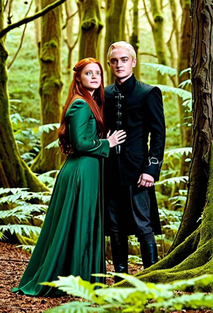 Ginny Weasley et Drago Malefoy, se faont un câlin, dans une forêt comme dans les films 