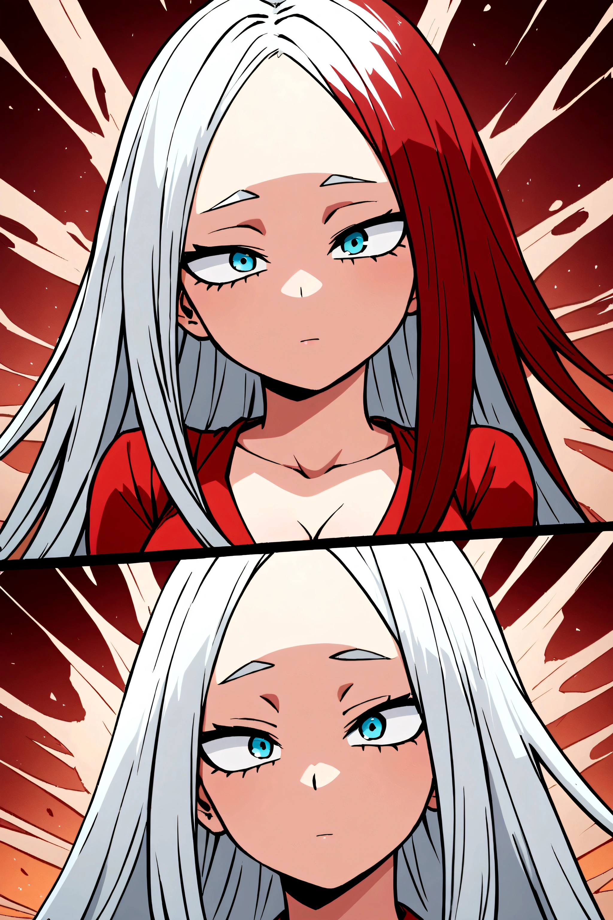 Screenshot of boku no hero academia, Beautiful woman, slanted eyes, light blue eyes, long straight hair, white hair color with red highlights, low cut red dress, looking at the camera