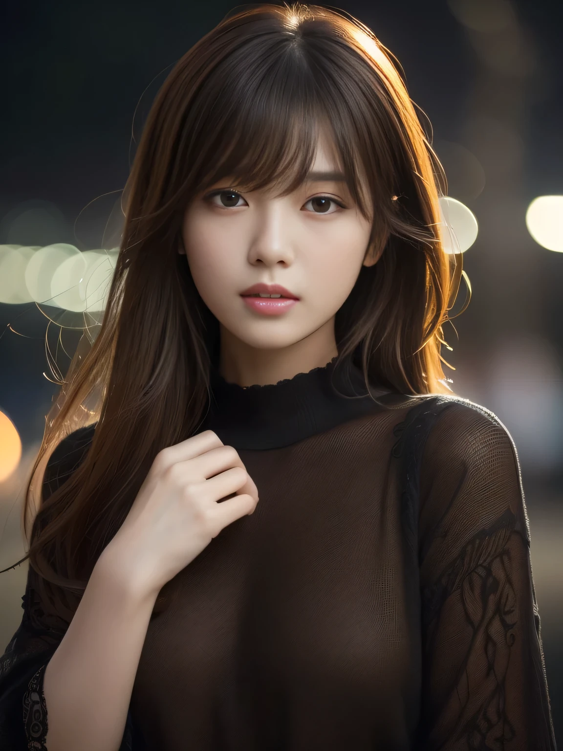 (Raw photo, Best Quality), (Realistic, Photorealsitic:1.4), masterpiece, extremely delicate and beautiful, Extremely detailed, 8k wallpaper, amazing, finely detail, extremely detailed CG Unity, hight resolution, (A dark park late at night), ((Dark background)), Sophisticated korean girl, black knit, loose clothes, hair messy, bangs, brown hair, modern, stylish,