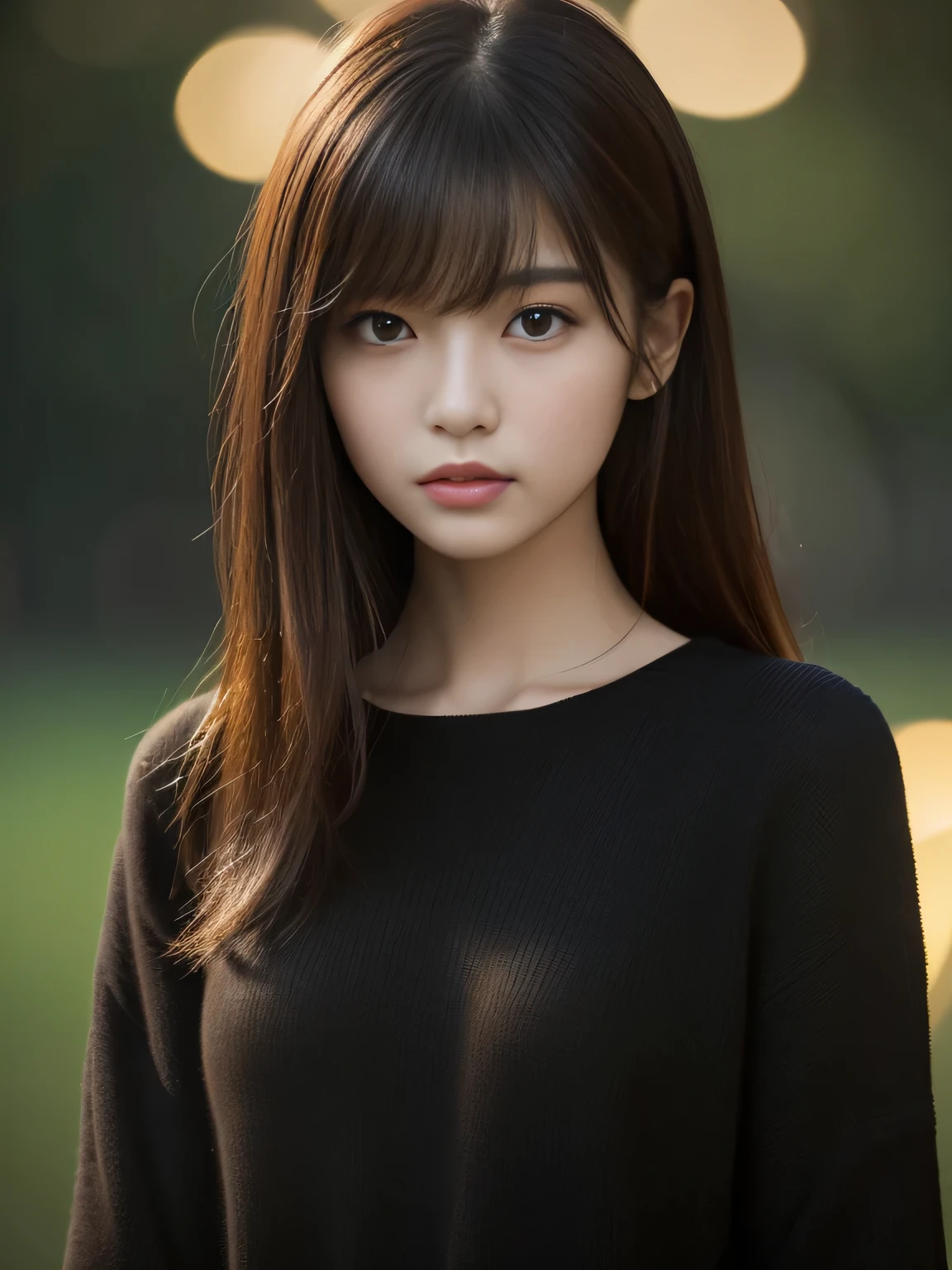 (Raw photo, Best Quality), (Realistic, Photorealsitic:1.4), masterpiece, extremely delicate and beautiful, Extremely detailed, 8k wallpaper, amazing, finely detail, extremely detailed CG Unity, hight resolution, (A dark park late at night), ((Dark background)), Sophisticated korean girl, black knit, loose clothes, hair messy, bangs, brown hair, modern, stylish, 