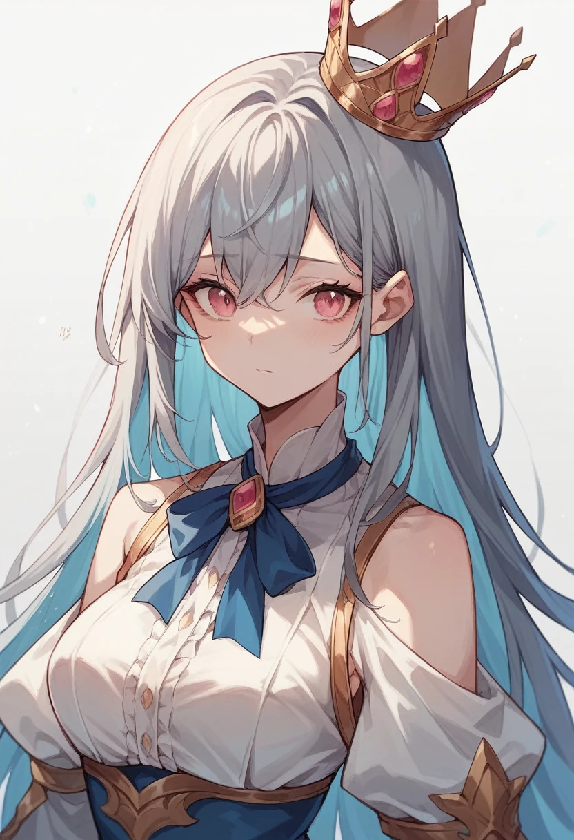 Long Hair Girl,Gray Hair,Blue inner hair, Golden Crown,Deep pink eyes,Clothes like silk,Blue and white outfit,Light blue ribbon around the neck