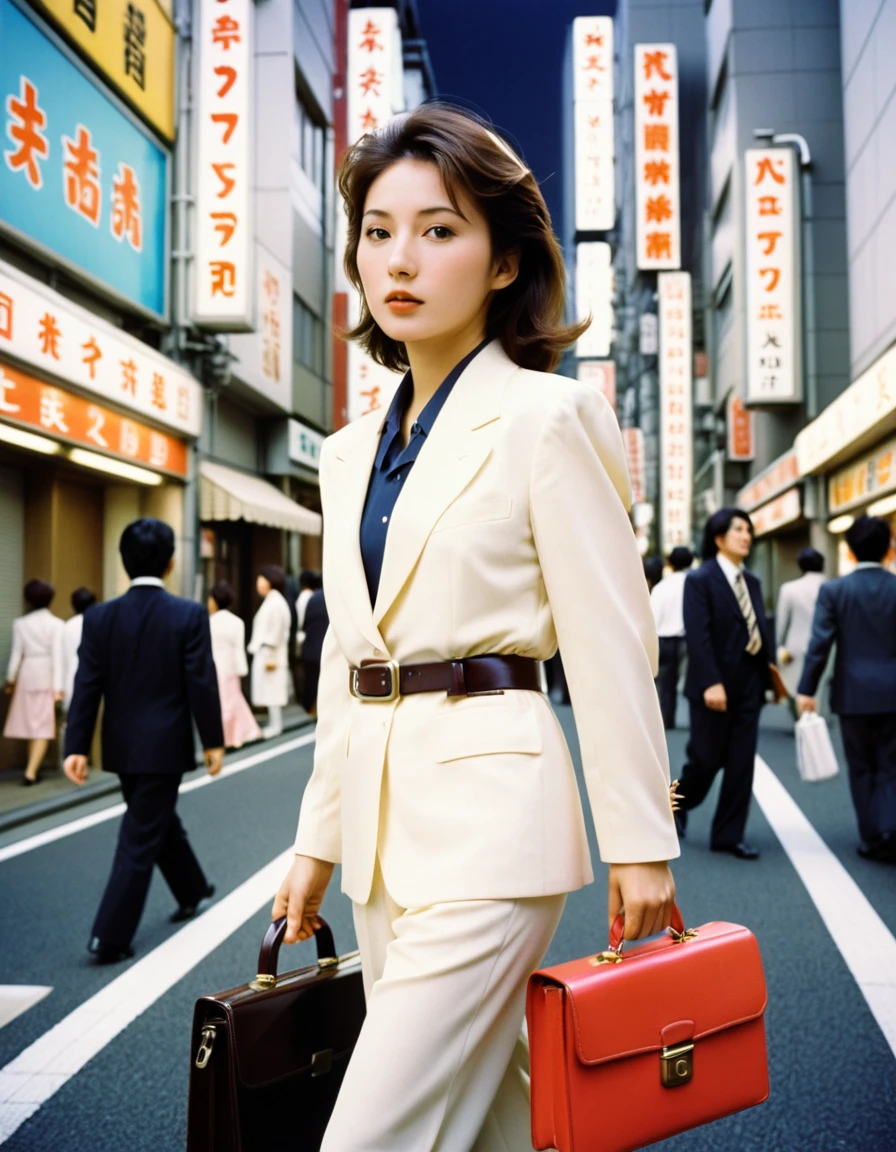 dynamic angle, (close up face), disposable camera photo, In 1980s Tokyo, Japanese office lady walks through a city lined with buildings. Her suit reflects the fashion of the time, characterized by shoulder pads. She carries a large briefcase in her hand, and her high heels echo at her feet. Neon signs shine around her, giving off a retro atmosphere. Her figure symbolizes the vitality and energy of Tokyo in the 1980s.