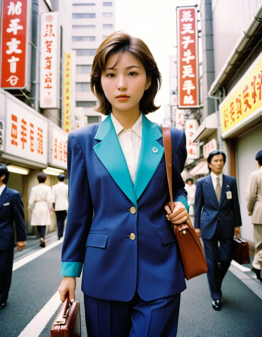 dynamic angle, (close up face), disposable camera photo, In 1980s Tokyo, Japanese office lady walks through a city lined with buildings. Her suit reflects the fashion of the time, characterized by shoulder pads. She carries a large briefcase in her hand, and her high heels echo at her feet. Neon signs shine around her, giving off a retro atmosphere. Her figure symbolizes the vitality and energy of Tokyo in the 1980s.