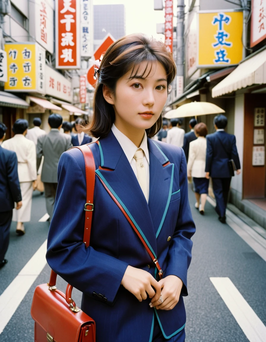 dynamic angle, (close up face), disposable camera photo, In 1980s Tokyo, Japanese office lady walks through a city lined with buildings. Her suit reflects the fashion of the time, characterized by shoulder pads. She carries a large briefcase in her hand, and her high heels echo at her feet. Neon signs shine around her, giving off a retro atmosphere. Her figure symbolizes the vitality and energy of Tokyo in the 1980s.