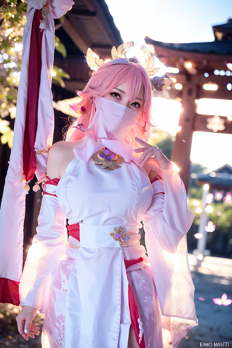 (Extreme Detail CG Unity 8K wallpaper, masterpiece, highest quality), (ulzzang-6500-v1.1:0.4) 1girl, kpop idol, yae miko, detached sleeves, pink hair, long hair, best quality, (photorealistic:1.2), (hair ornament:1.35), jewelry, wearing face veil, (white face veil, silk mask veil:1.2), purple eyes, earrings, (very huge round breasts, big breasts: 1.2), torii, cherry blossoms, lantern light, depth of field, detailed face, face focus, (looking at viewer:1.25), shiny skin, long sleeves, cowboy shot, dynamic pose, game cg, thigh highs, east asian architecture, night day, blurry background, full body, arms behind back, hands behind,