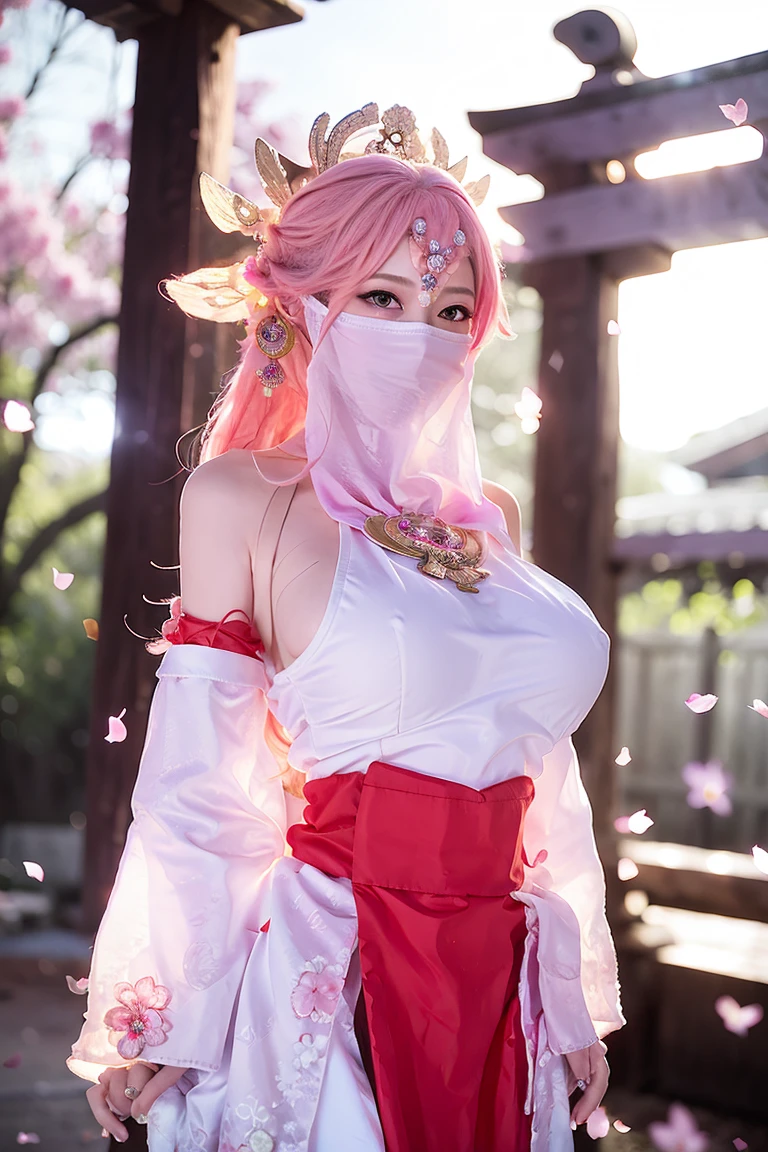 (Extreme Detail CG Unity 8K wallpaper, masterpiece, highest quality), (ulzzang-6500-v1.1:0.4) 1girl, kpop idol, yae miko, detached sleeves, pink hair, long hair, best quality, (photorealistic:1.2), (hair ornament:1.35), jewelry, wearing face veil, (white face veil, silk mask veil:1.2), purple eyes, earrings, (very huge round breasts, big breasts: 1.2), torii, cherry blossoms, lantern light, depth of field, detailed face, face focus, (looking at viewer:1.25), shiny skin, long sleeves, cowboy shot, dynamic pose, game cg, thigh highs, east asian architecture, night day, blurry background, full body, arms behind back, hands behind,