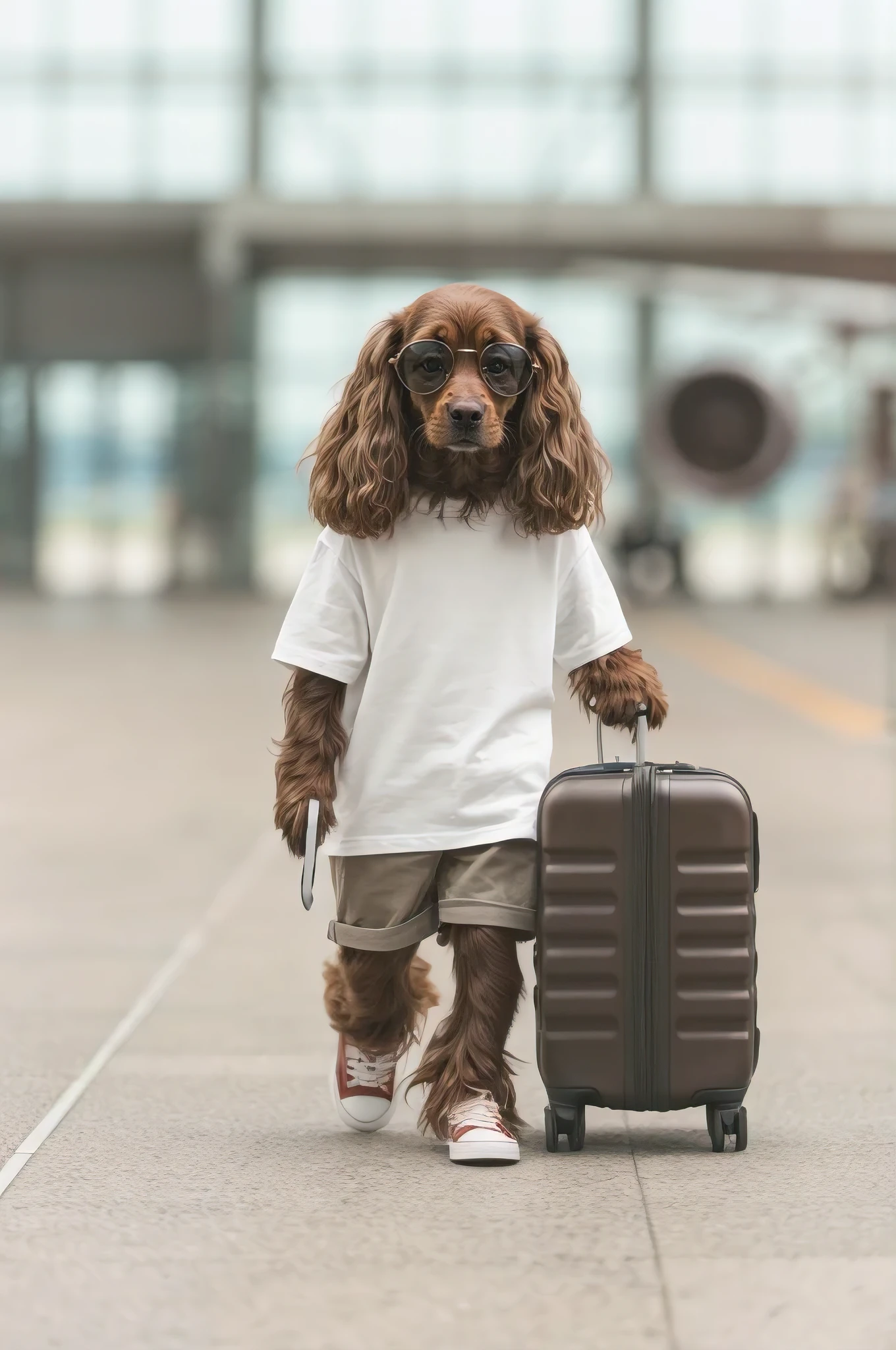 A full-body shot of an anthropomorphic Cocker Spaniel walking towards the camera. Wearing a big-sized white t-shirt and loose-fitting shorts. Sunglasses hanging around the neck like a necklace. Wearing red Converse sneakers. Holding a phone in the right hand and pulling a Rimowa carry-on suitcase with the left hand. created by: k-pop idol style. Background: airport gate area with planes visible through large windows. fashion photo. detail fur. 4k quality. hyper-realistic photograph.