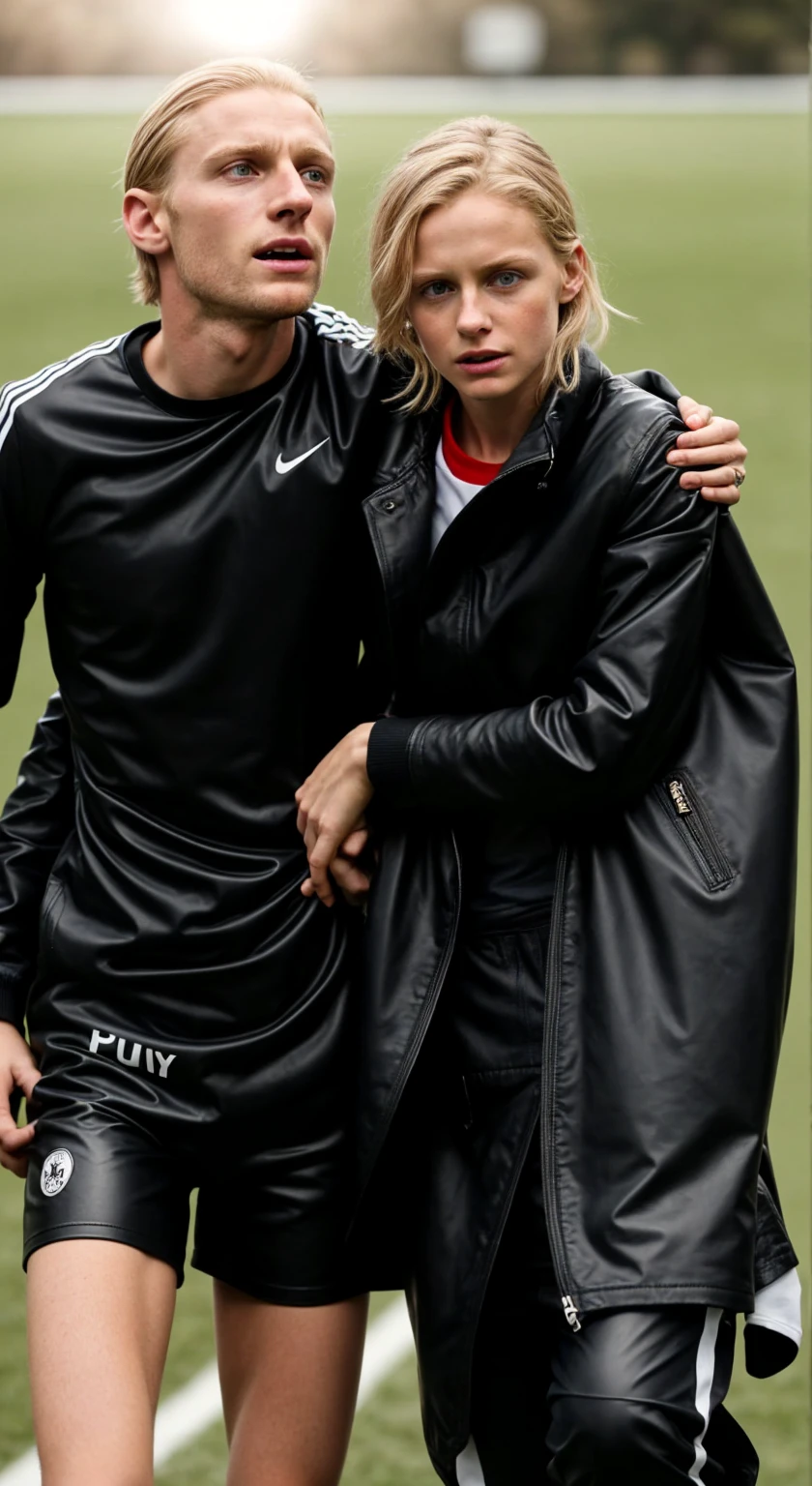 an injured soccer player needs support, a blond woman supports an injured soccer player in walking, he is really collapsing with pain, he is really fainting, she is holding him up, he is hanging on her shoulder, they are standing very close together, his hand is lying on her shoulder, arm-in-arm, she has her hand around his waist, she is wearing shiny leather pants, she is grabbing his waist, a man in a white tanktop, a shorthaired blond man, a girl in shiny leather pants, a shorthaired blond man in a white tanktop, a brownhaired woman with a very desperate facial expression, a brownhaired woman in a high shine blue and red nylon-coat, there is a young couple standing arm-in-arm, there is a brownhaired attractive woman wearing a high-shine nylon-coat, a wetlook nylon-coat, a brownhaired woman is crying with sorrow, a brownhaired woman is holding an injured shorthaired boy, there is a boy in jeans and tanktop hugging a brownhaired woman that is wearing a very shiny padded laquered coat, a shorthaired blond boy has a painful face and cannot walk, there is a brownhaired girl giving support to an injured shorthaired boy, a wounded blond and shorthaired boy cannot walk and has to be supported by a girl, he grabs her shoulder, he has his arm around her shoulder, his hand is on her shouder, a sad looking girl ia carrying a wounded boy, masterpiece, jeans, boy in a white cotton tanktop, super detailed background, detailed face, brown eyes, crying out, tears, desperation, pain, agony, accident pose, dramatic suffering pose, hands detailed hands