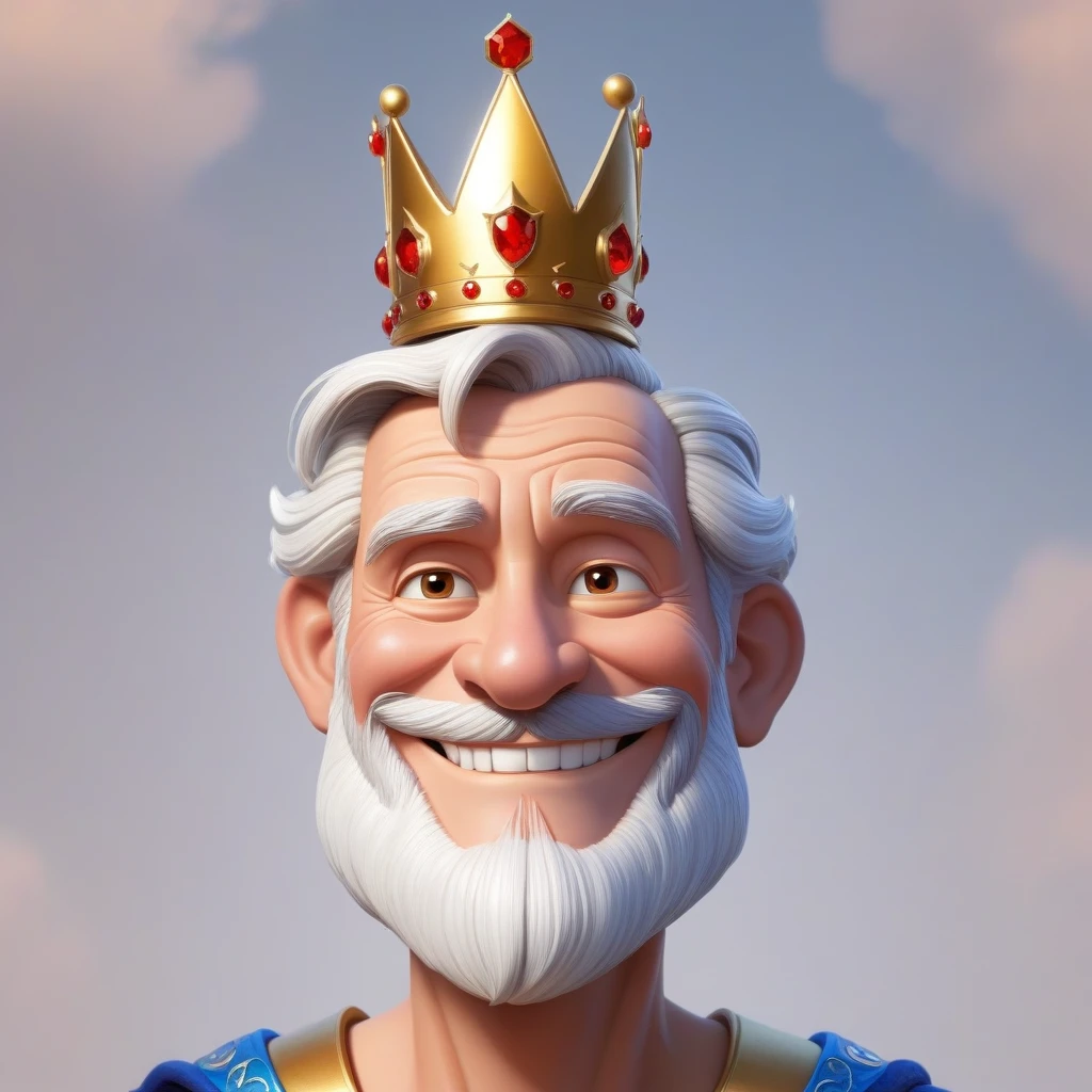 Король держит монету со своим изображением, The character is somewhat inspired by Disney Pixar, he wears a crown, smiles, look at me, old man, the character in profile and full face, two images of the same king,