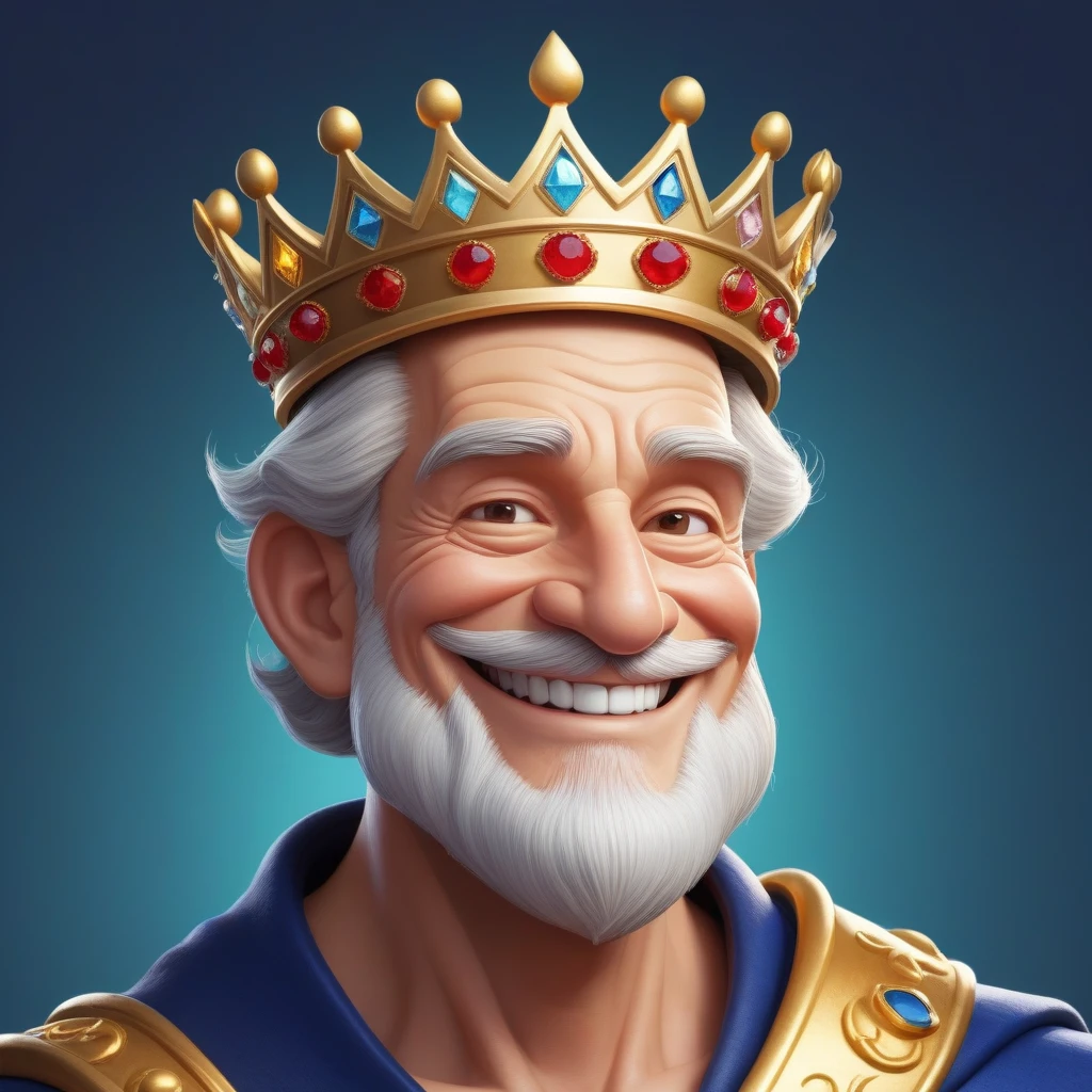 Король держит монету со своим изображением, The character is somewhat inspired by Disney Pixar, he wears a crown, smiles, look at me, old man, the character in profile and full face, two images of the same king,