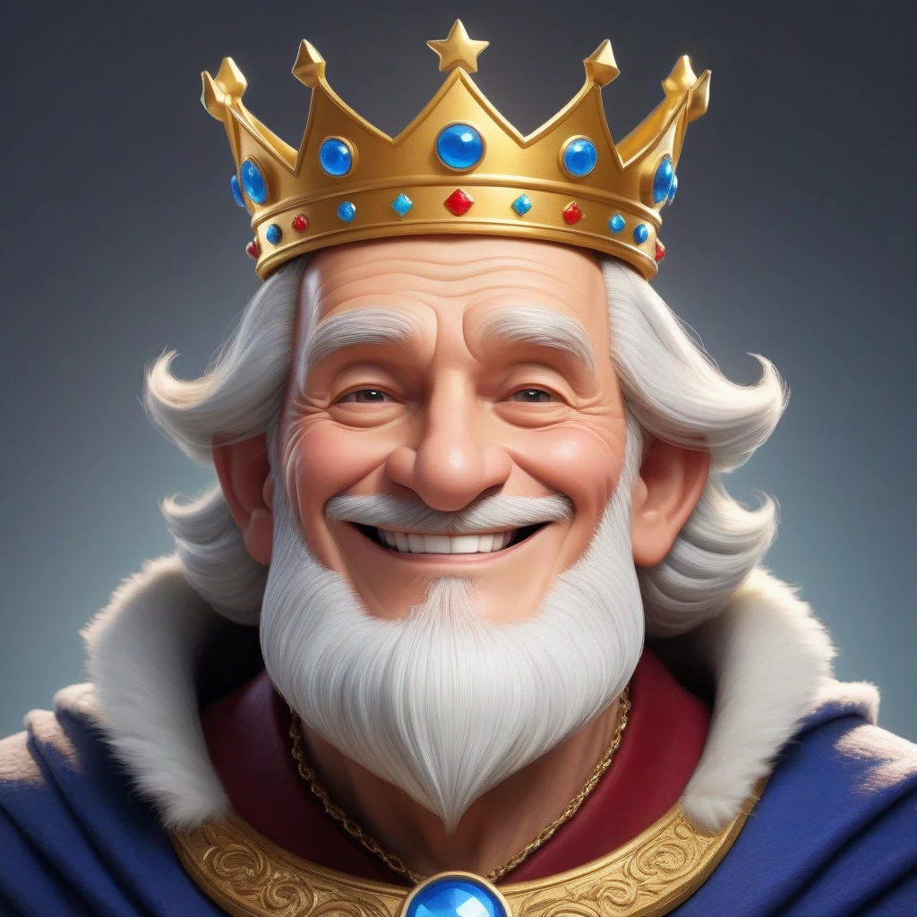 Король держит монету со своим изображением, The character is somewhat inspired by Disney Pixar, he wears a crown, smiles, look at me, old man, the character in profile and full face, two images of the same king,
