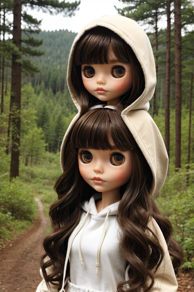 Make a Blythe doll with layered wavy brown hair and bangs, brown eyes, a white hoodie, and a forest in the background.