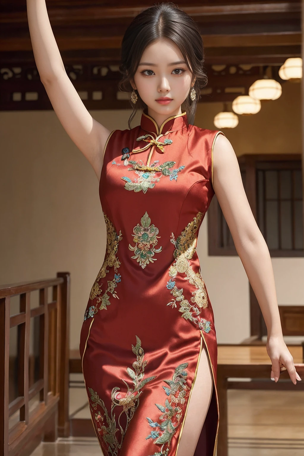 A stunning cinematic photograph of a beautiful woman in a vibrant, intricately embroidered Chinese cheongsam, standing confidently in a dynamic kung fu pose against a warm golden hour backdrop. She exudes grace and strength. Soft, warm light dances across her face, highlighting her serene yet fierce expression, while the rich fabric and ornate pattern of her dress glow with subtle depth. Earthy colours of sienna, terracotta and moss green, along with subtle nuances of her natural skin tones and lustrous black hair, imbue the scene with traditional Chinese heritage.
