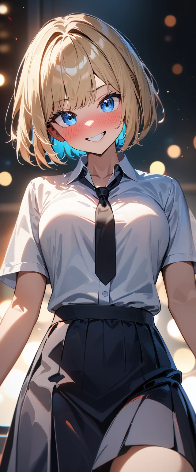 (((One girl))), blond hair, bob cut, (cowboy shot), (looking at viewer), face in focus, breasts, ager, head tilt:1.3, (((blue eye))), ((evil smile)), ((full face blush)), school summer uniform, white shirts, ((black tie)), black skirt, dynamic pose, cleavage, anime style, (best quality, 4k, 8k, highres, masterpiece:1.2, ultra-detailed, ultra-detailed eyes, HDR, UHD, studio lighting, ultra-fine painting, sharp focus, physically-based rendering, extreme detail description, professional, vivid colors, bokeh)