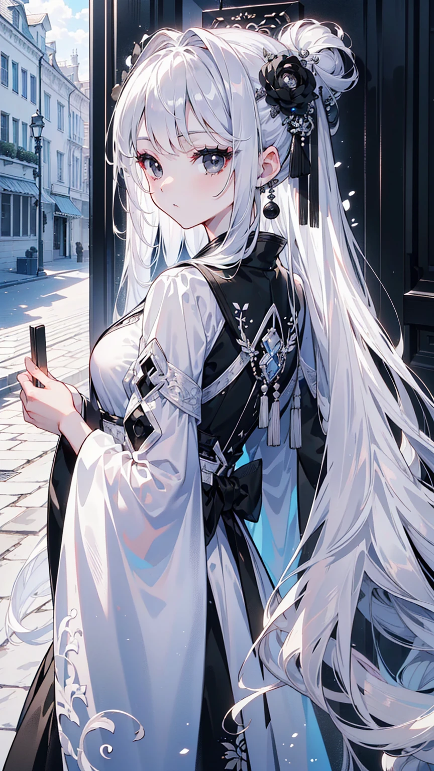 (Top image quality)、(Ultra Detailed)、(Facing forward)、top quality、masterpiece、(((1 girl)))、Silver Hair、white hair、((Long hair))、(black eyes:1.6)、(Hanfu)