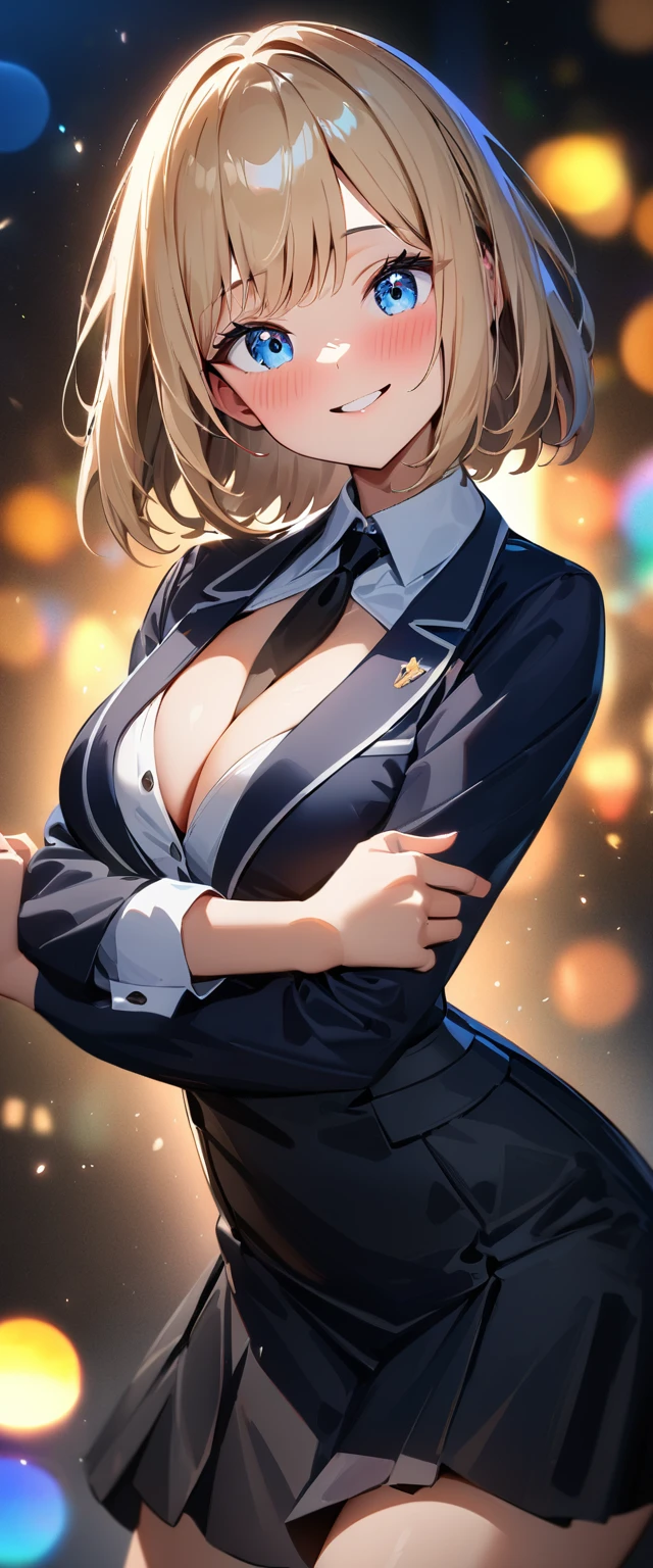 (((One girl))), blond hair, bob cut, (cowboy shot), (looking at viewer), face in focus, breasts, teenager, head tilt:1.3, (((blue eye))), ((happy smile)), ((full face blush)), school summer uniform, white shirts, ((black tie)), black skirt, dynamic pose, ((cleavage)), anime style, (best quality, 4k, 8k, highres, masterpiece:1.2, ultra-detailed, ultra-detailed eyes, HDR, UHD, studio lighting, ultra-fine painting, sharp focus, physically-based rendering, extreme detail description, professional, vivid colors, bokeh)