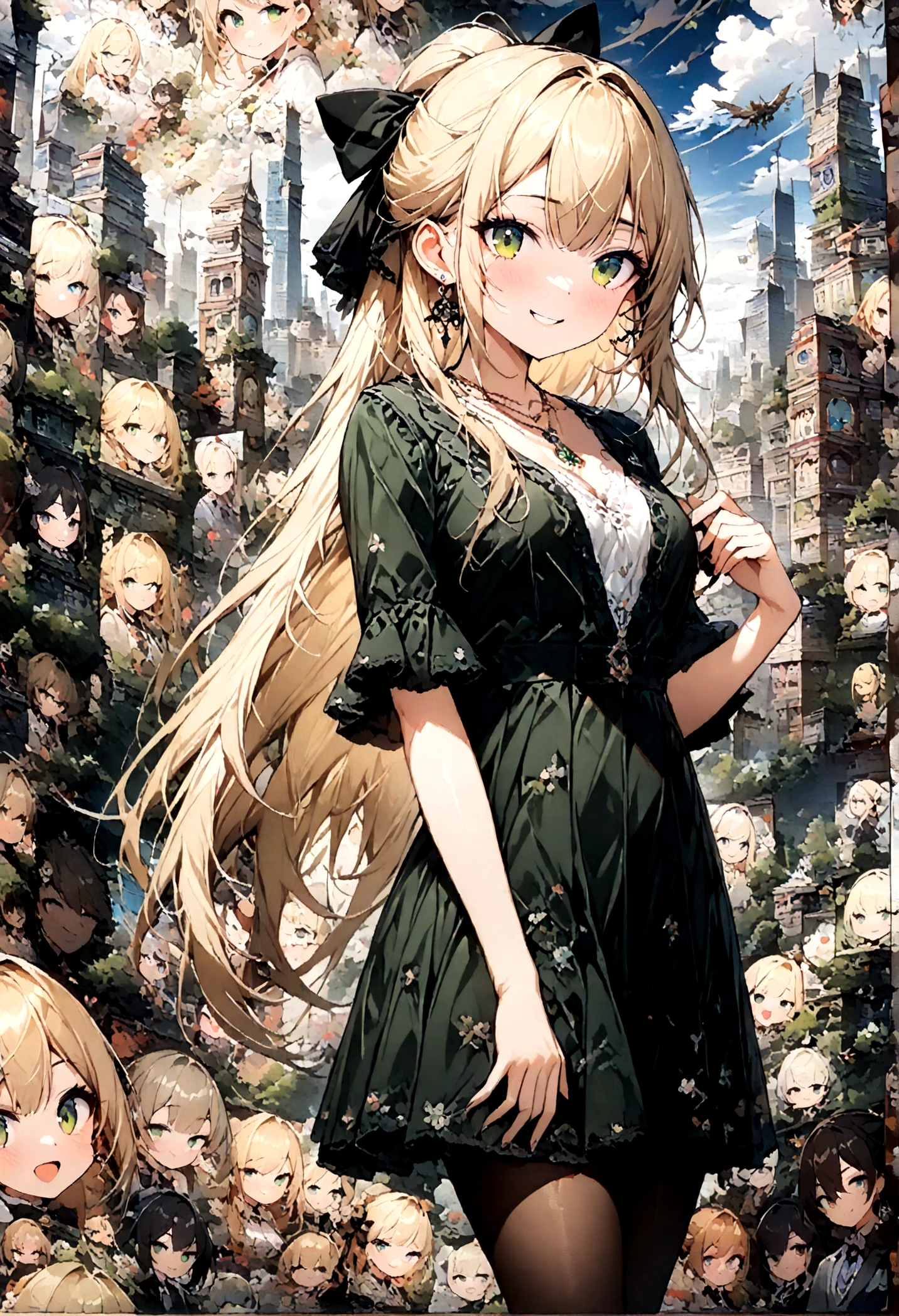((({best quality}, {{masterpiece}}, {highres}, original, extremely detailed 8K wallpaper, 1girl, {an extremely delicate and beautiful},))),((cityscape)),solo,1girl, {an extremely delicate and beautiful},long_hair,blonde_hair,half updo,green_eyes,smile,((standing))sweet smile,((beautiful detailed eyes)),office lady suit,sheath dress,pantyhose,high heels,ribbon,earrings,necklace,