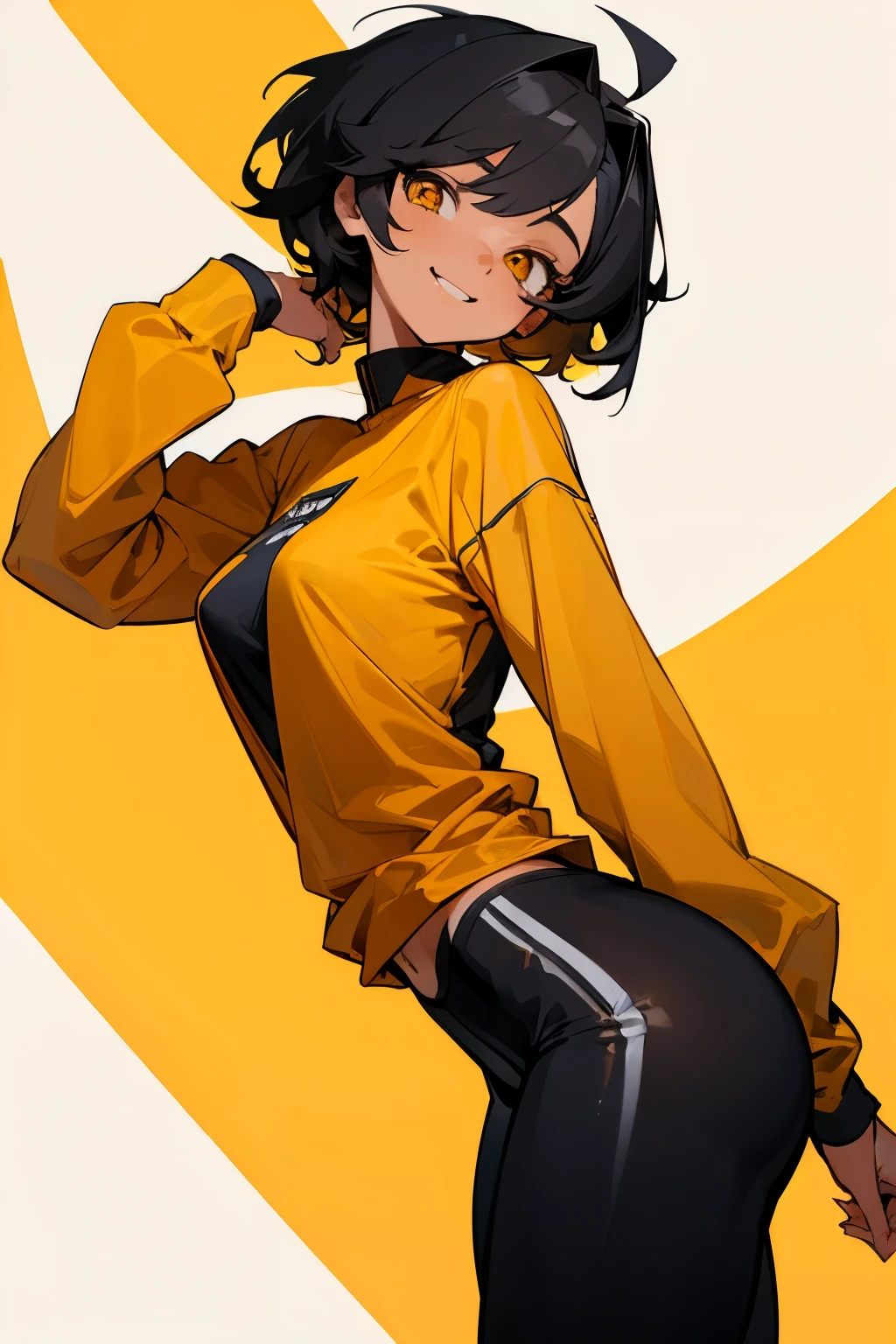 (masterpiece:1.2), (best quality:1.2), tomboy girl, very pretty, short and messy black hair, pretty orange eyes, tanned skin, yellow long-sleeved blouse, black sports pants that cover her leg, black socks, natural body, medium tits, natural curves, round butt, mischievous smile , in a white background.