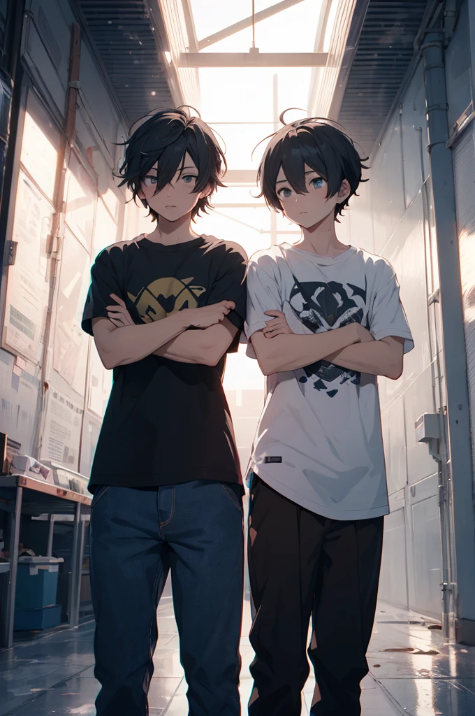 Two friend, two boys, not looking each other, Lean on each other , anime style, chromatic aberration, god rays, UHD, curate, high details, best quality, high quality, super detail, market, ultra hd