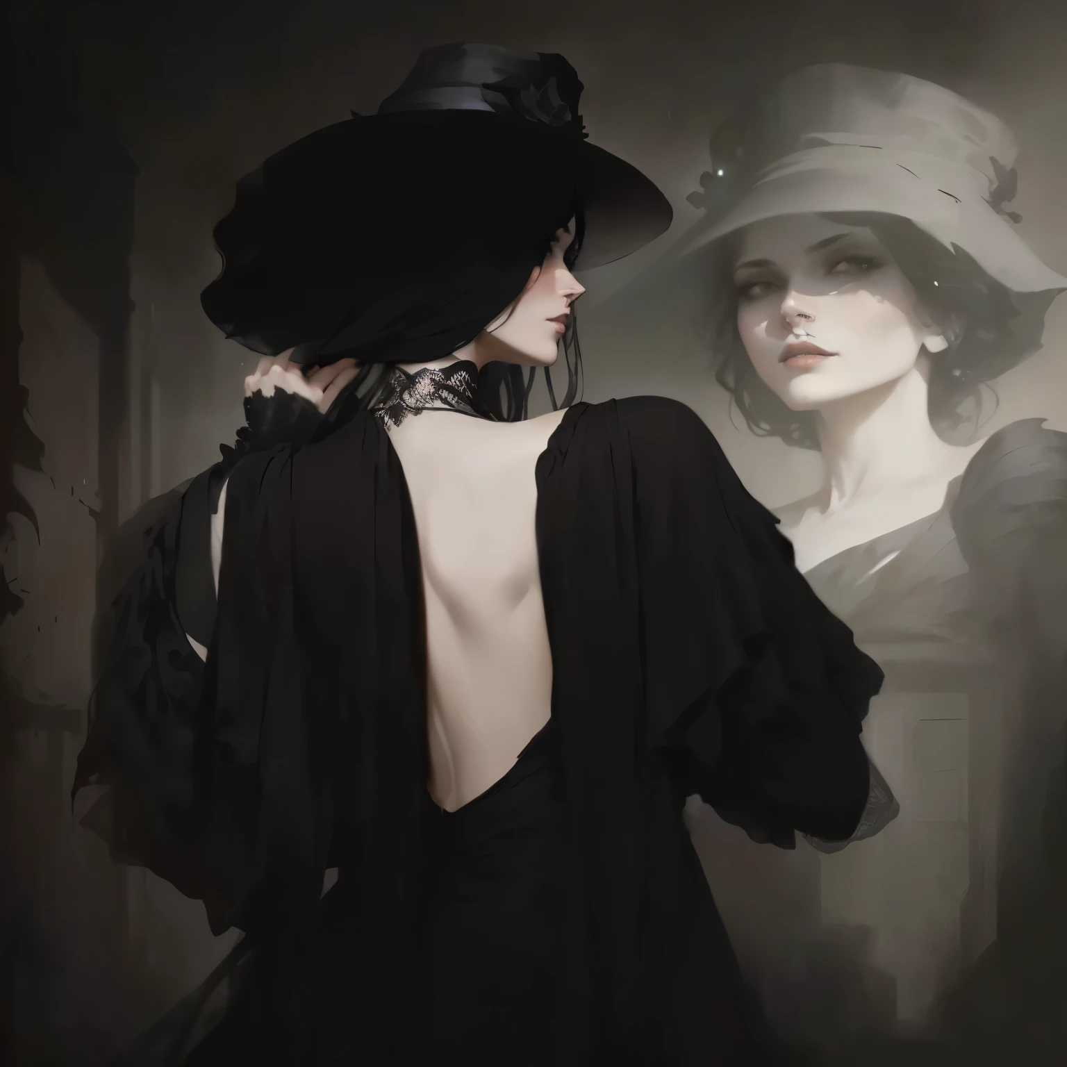 a close up of a woman in a black dress and a black hat, inspired by Jeffrey Catherine Jones, artwork in the style of guweiz, tom bagshaw style, style of charlie bowater, style of tom bagshaw, inspired by Romaine Brooks, inspired by Mead Schaeffer, by Dave Kendall, by Yang J, guweiz, alice cullen
