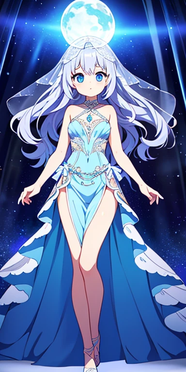 Body: Serenova has a slender, humanoid body with semi-transparent skin that glows faintly in the moonlight. Its gown, which appears to be made of delicate silk and lace, flows effortlessly around it, never touching the ground.
Hair: Its hair is long and wavy, cascading down its back like a waterfall of silver moonlight.
Eyes: Serenova’s eyes are a deep, haunting blue, glowing with a gentle light that captivates anyone who meets its gaze.
Veil: The veil it wears is adorned with small, shimmering gemstones that resemble stars..Full body, beautiful eyes , 1 girl , full body , cute girl , anime style ,princess , (ball gown) , cute eyes , (ballgown)
