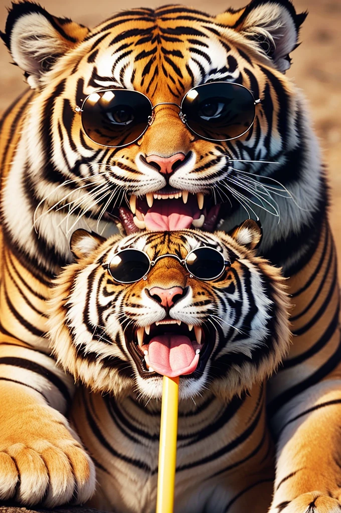 An animated version of a smiling tiger with sunglasses, sucking lollipop