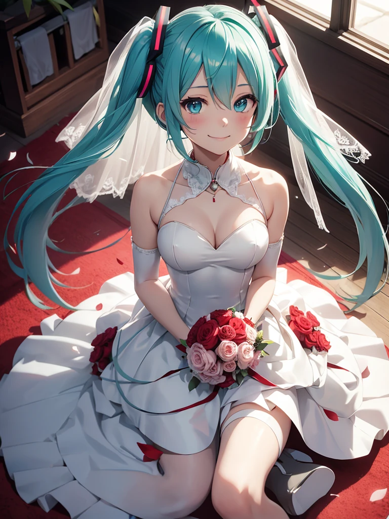 Hatsune miku, wedding dress, yandere, blood, smiling