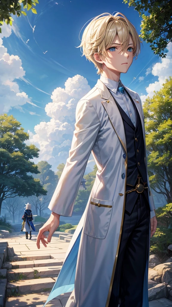 With a blue sky as a background、Mr.々Please draw a picture of a scene of an adventure.。In the center is、She has short black hair and green eyes、With Len, a boy dressed in casual adventure clothes、Long blonde hair and blue eyes、Minato, a young man in a white robe、Standing on a white cloud。Behind Ren and Minato、彼らの冒険の軌跡を象徴するMr.々The scene is depicted。

1. **Chapter 1**：The scene where Ren receives a mission from the forest spirit。レンが精霊から巻物を受け取るMr.子。
2. **Episode 2**：Encounter with the flower spirits。A scene where Ren is talking to a beautiful flower spirit.。
3. **Chapter 3**：Bonding with animals。Ren is a squirrel and a rabbit、Scene with the birds。
4. **Psalm 4**：Seeking the Secrets of the Forest。The scene where Ren is searching for something deep in the forest。
5. **Psalm 5**：Trials and growth。Ren faces a challenge、A scene of a brave man standing up。
6. **Chapter 6**：Encounter with the Guardian of the Stars。The scene where Ren and Minato meet the Guardian of the Stars under the stars。
7. **Chapter 7**：Confronting the Guardian of the Skies。The scene where Ren and Minato are fighting the guardians in the air。
8. **Episode 8**：Meeting the Guardian of the Sun。A scene of Ren and Minato talking to the Guardian while bathed in sunlight.。
9. **Chapter 9**：Working with the Guardians of the Skies。A scene where Ren and Minato are trying to solve something with the Guardian of the Sky。
10. **Chapter 10**：Journey to the future。The scene where Ren and Minato set off on a new adventure。

Each scene is、A panoramic view spreads out behind Ren and Minato.、Tell the story of their adventure in one picture.。The blue sky and white clouds envelop the whole、Try to exude an atmosphere of hope and adventure.。