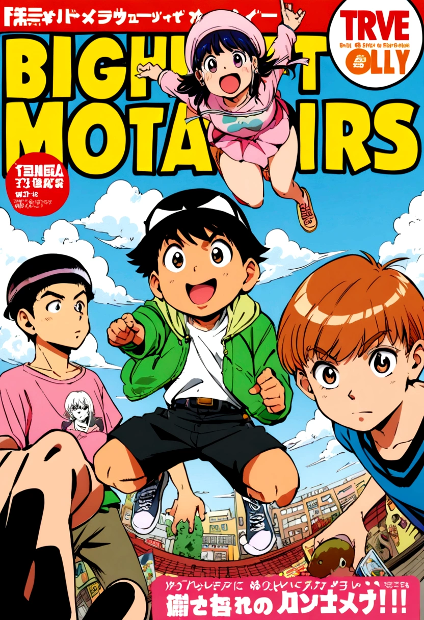 three characters, manga cover, Shonen, jumpping, perspective, two boys and a girl, manga style, Shonen magazine