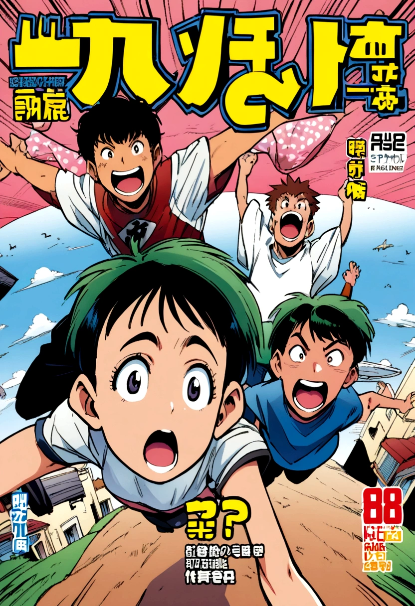 three characters, manga cover, Shonen, jumpping, perspective, two boys and a girl, manga style, Shonen magazine