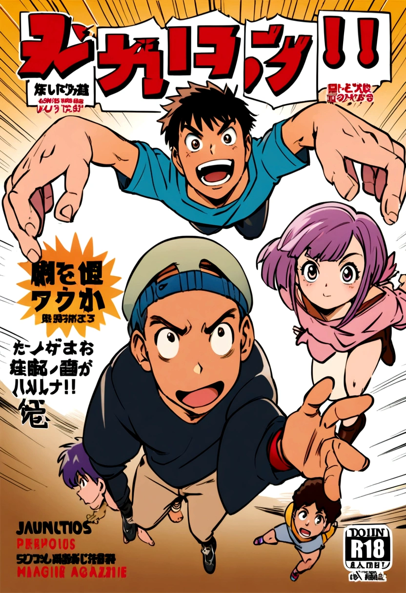 three characters, manga cover, Shonen, jumpping, perspective, two boys and a girl, manga style, Shonen magazine