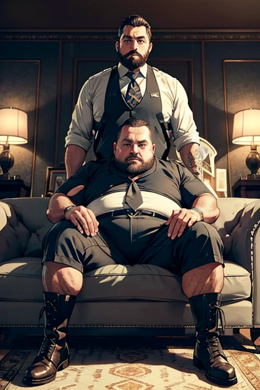 close up 1man in(handsome mature man plump chubby morbid extremely thick thighs bulging belly fat), older man, gray hair, white man, ( wearing,boots,stubble,police chief,bage,beard,old man,indoors,necktie,sitting,spread legs,), bulge, detailed glade on clothing, (fat and corpulent: 1.3), full beard very long, looking at the viewer, handsome man, detailed eyes, symmetrical face, mischievous smile, robust, mustache, longer hair, his body is lying sideways on the floor, front view.), (crossing arms: 1.22), (detailed living room background:1.1), on a couch, chilling, 4k textures, soft light, elegant, highly detailed, sharp focus, soothing tones, insane details, intricate details, hyperdetailed, low contrast, exposure blend, hdr, faded、Expressões faciais detalhadas、(Obra de arte),mais alta qualidade,excelente anatomia、、atmosfera escura geral