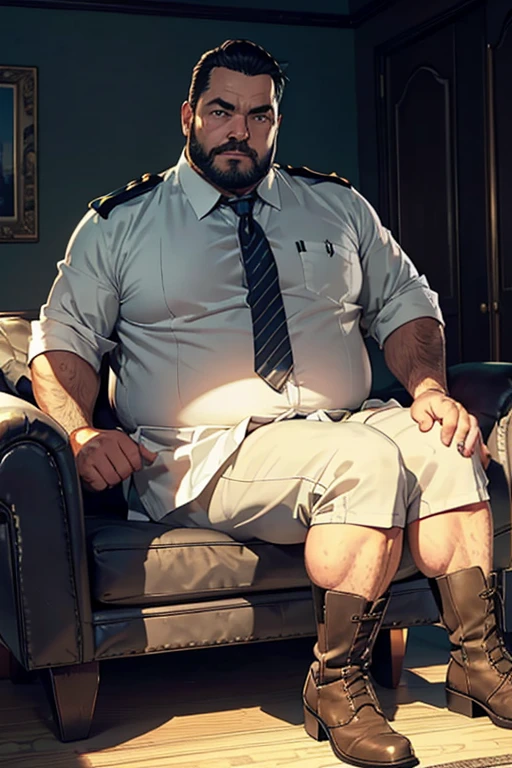 close up 1man in(handsome mature man plump chubby morbid extremely thick thighs bulging belly fat), older man, gray hair, white man, ( wearing,boots,stubble,police chief,bage,beard,old man,indoors,necktie,sitting,spread legs,), bulge, detailed glade on clothing, (fat and corpulent: 1.3), full beard very long, looking at the viewer, handsome man, detailed eyes, symmetrical face, mischievous smile, robust, mustache, longer hair, his body is lying sideways on the floor, front view.), (crossing arms: 1.22), (detailed living room background:1.1), on a couch, chilling, 4k textures, soft light, elegant, highly detailed, sharp focus, soothing tones, insane details, intricate details, hyperdetailed, low contrast, exposure blend, hdr, faded、Expressões faciais detalhadas、(Obra de arte),mais alta qualidade,excelente anatomia、、atmosfera escura geral