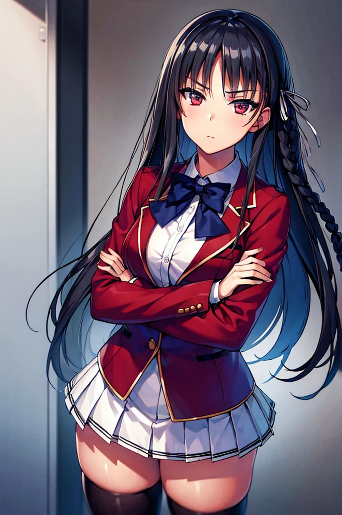 (masterpiece, best quality:1.4), (ultra detailed:1.4), detailed beautiful face and eyes, perfect anatomy, (official art:0.7),
1girl,
Suzune Horikita,
Suzune Horikita \(youjitsu\),
long hair, braid,
black hair,
red eyes, slant eyes, small eyes,
blue bow,
medium breasts,
red jacket, long sleeves, white skirt, pleated skirt, black thigh-high socks,
BREAK looking at viewer, standing, crossed arms
cowboy shot,
perfect light, background of outdoors, city,