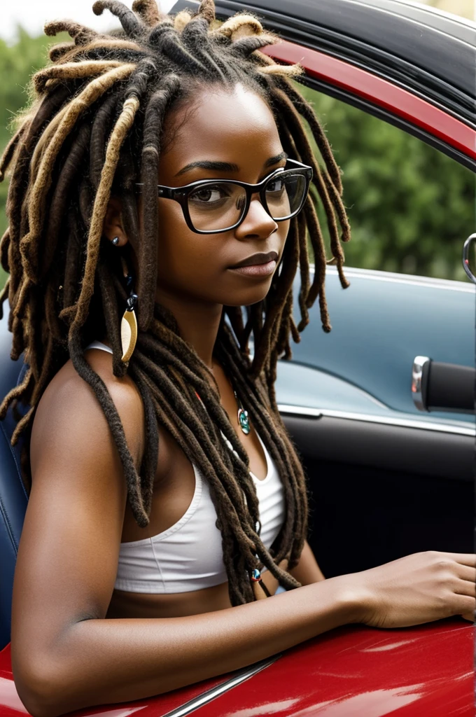 A close-up realistic car with an open top and a girl with dreadlocks of different colors and glasses in it.
