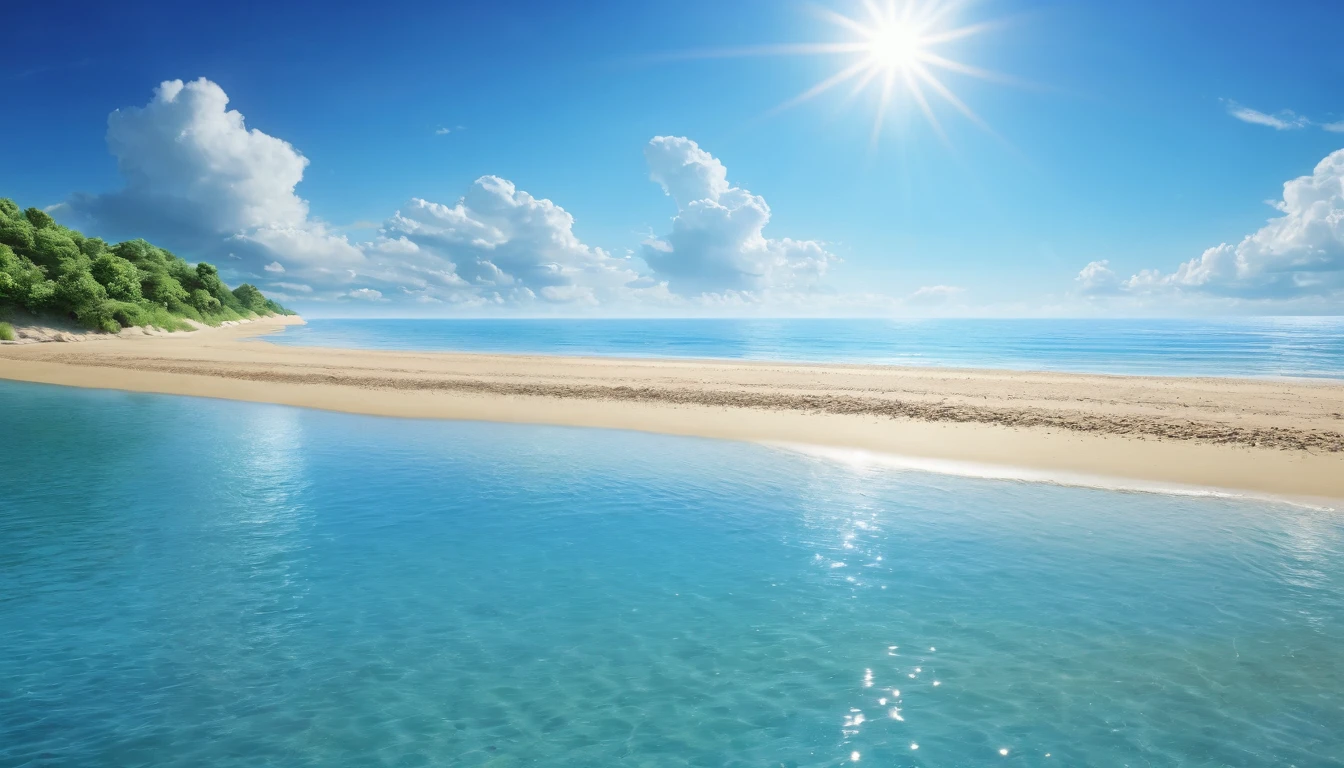 Summer, the beach, the sun, the sand, blue sky, the sea, calm ambiance, relaxing moment, hight detail, resloution 4k