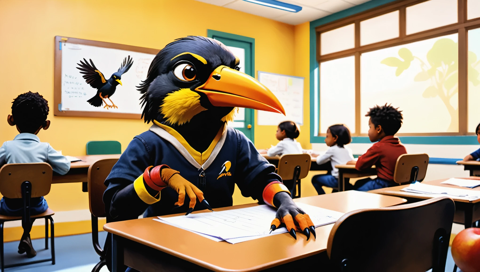 (photo film style), anthropomorphic, cute mynah bird, colorful , school classroom, getting advice from teacher, (((studying))), 2D, colorful, warm atmosphere, shiny, Jean-Baptiste Monge style, Alan Lee style