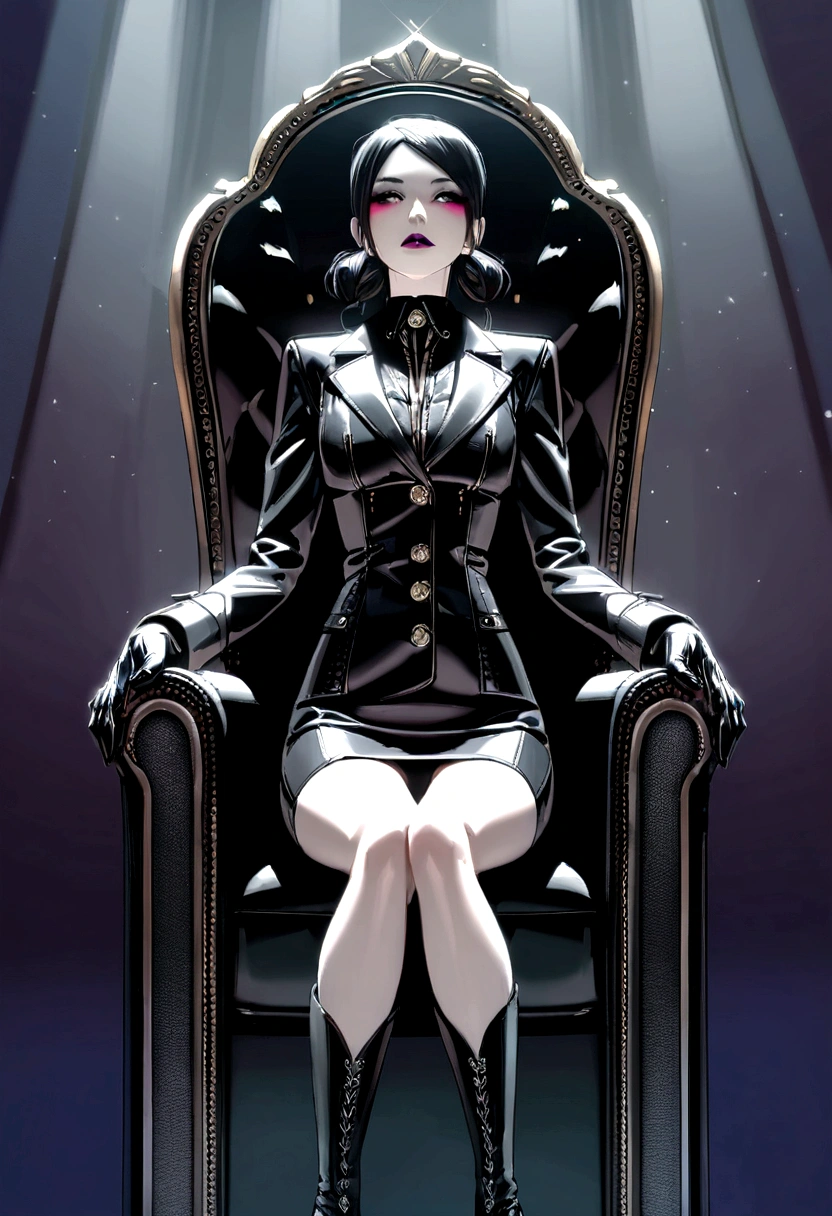 Black leather gloves with five fingers on both hands, Black leather tight skirt, black leather blazer, Long black leather boots, sit with sexy legs lined up on a luxurious leather chair, both hands in leather gloves are aligned on the knees, Hair tied behind her, A mysterious goth woman with heavy makeup