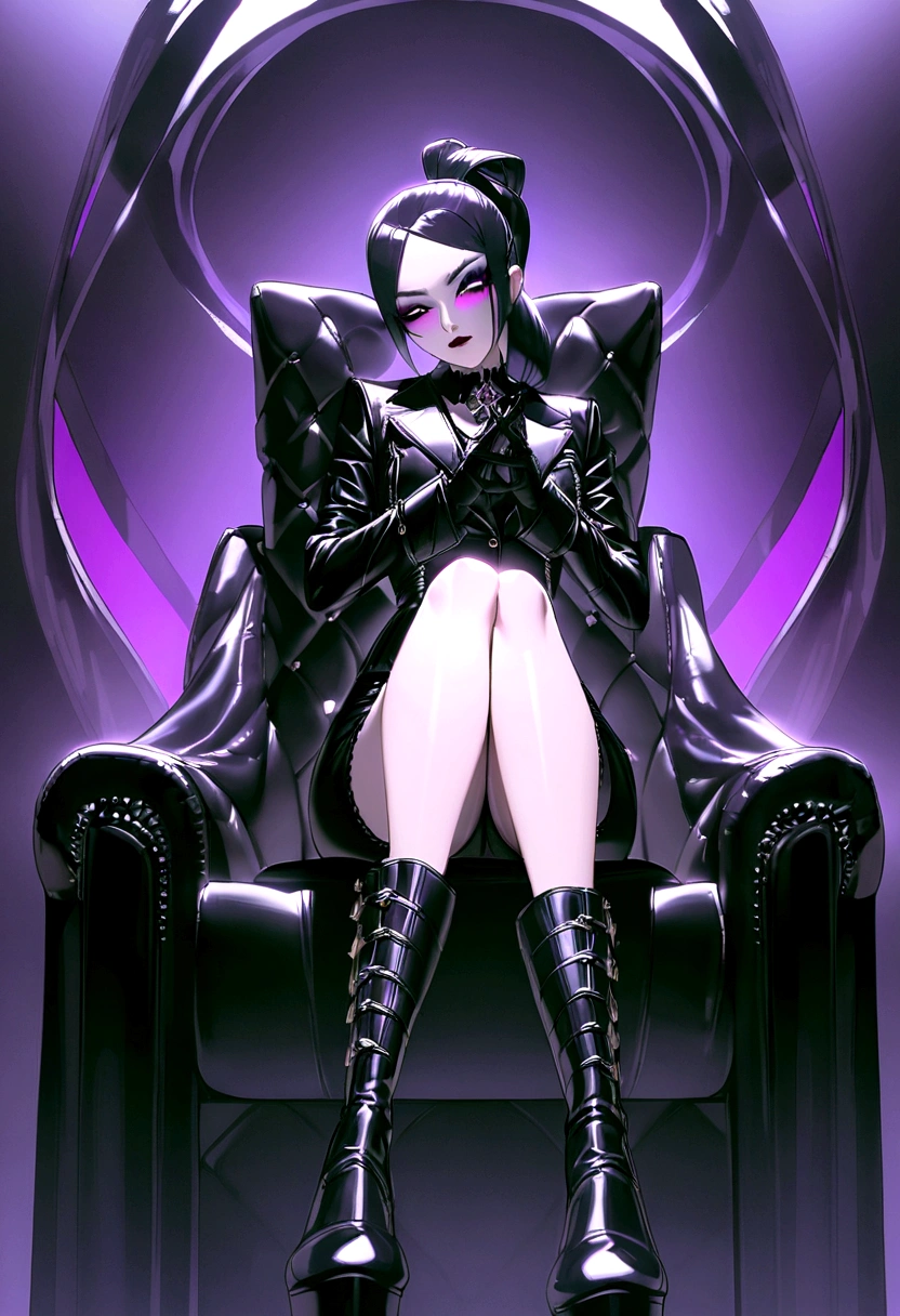Black leather gloves with five fingers on both hands, Black leather tight skirt, black leather blazer, Long black leather boots, sit with sexy legs lined up on a luxurious leather chair, both hands in leather gloves are aligned on the knees, Hair tied behind her, A mysterious goth woman with heavy makeup