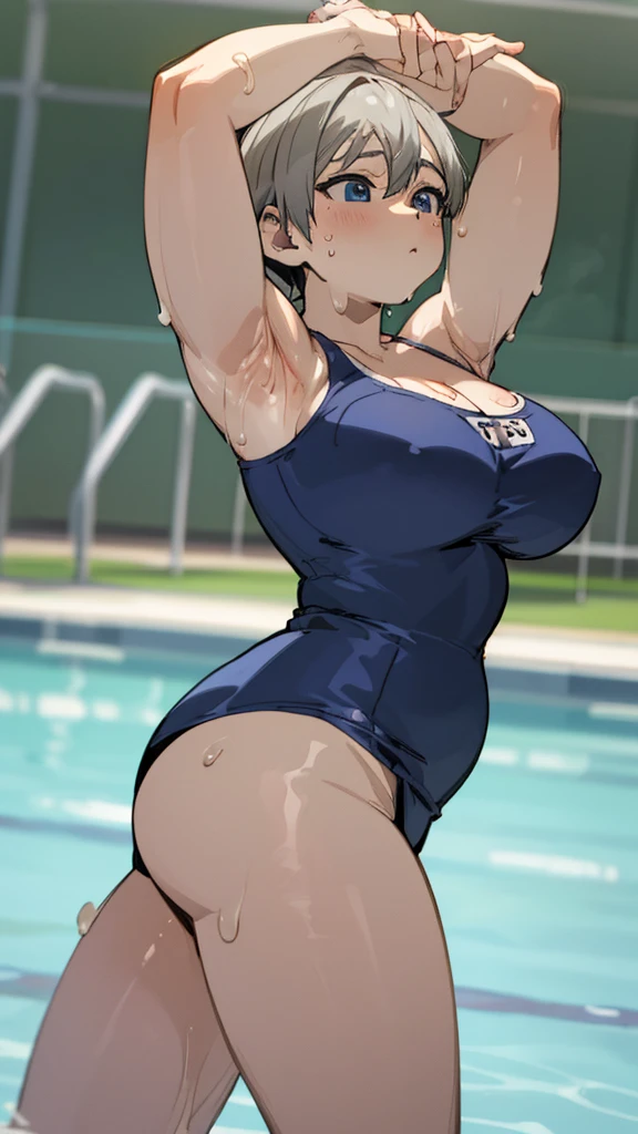 masterpiece, best quality, ultra-detailed, Potrait of beautiful , (chubby) (muscular), (plump), (sexly), (cleavage), ((tomboy)), (アニメ), (Breasts), (Plump), ((very short hair)), ((Uzaki Hana)), (overweight), (Gray Hair), ((Saggy breasts)), (blue eyes), (Short Hair), (blue eyes), ((thick)), (Smelly body), (Sweaty body), (arms up), (side), (Poolside), (両方のsideが見える), ((恥ずかしくてLook Away)), (school swimsuits), (School Swimsuit), (Look Away), (cleavage)