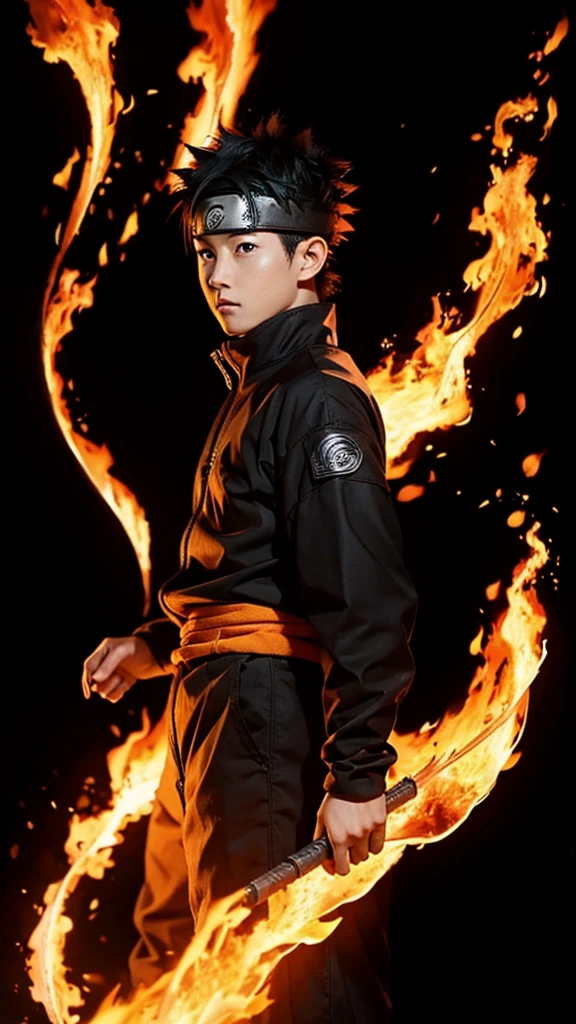 Naruto,1boy, black_background, fire, 9 fox tails,