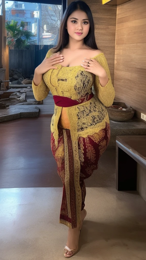 (A voluptuous, curvy woman poses for a picture. Photo realistic of beautiful Asian. mix4, (8k, RAW photo, best quality, masterpiece:1.2), (realistic, photo-realistic:1.37), 1girl, cute, indonesian clothes, bali, balinese, cityscape, kebaya_bali, night, rain, wet, professional lighting, photon mapping, radiosity, Physically-based rendering, gradient brunette hair, long black hair, handsome, girly, white ball set, natural breasts, superb picture quality, high resolution, 1080p, (clear face), (detailed face description), (detailed hand description), (masterpiece), (exquisite CG), extreme light and shadow, messy hair, masterpiece, rich detail, (exquisite facial features), (highest image quality), (masterpiece), (detailed eyes), look forward to your eyes, delicate collarbone, kebaya_bali, taniaayusiregar