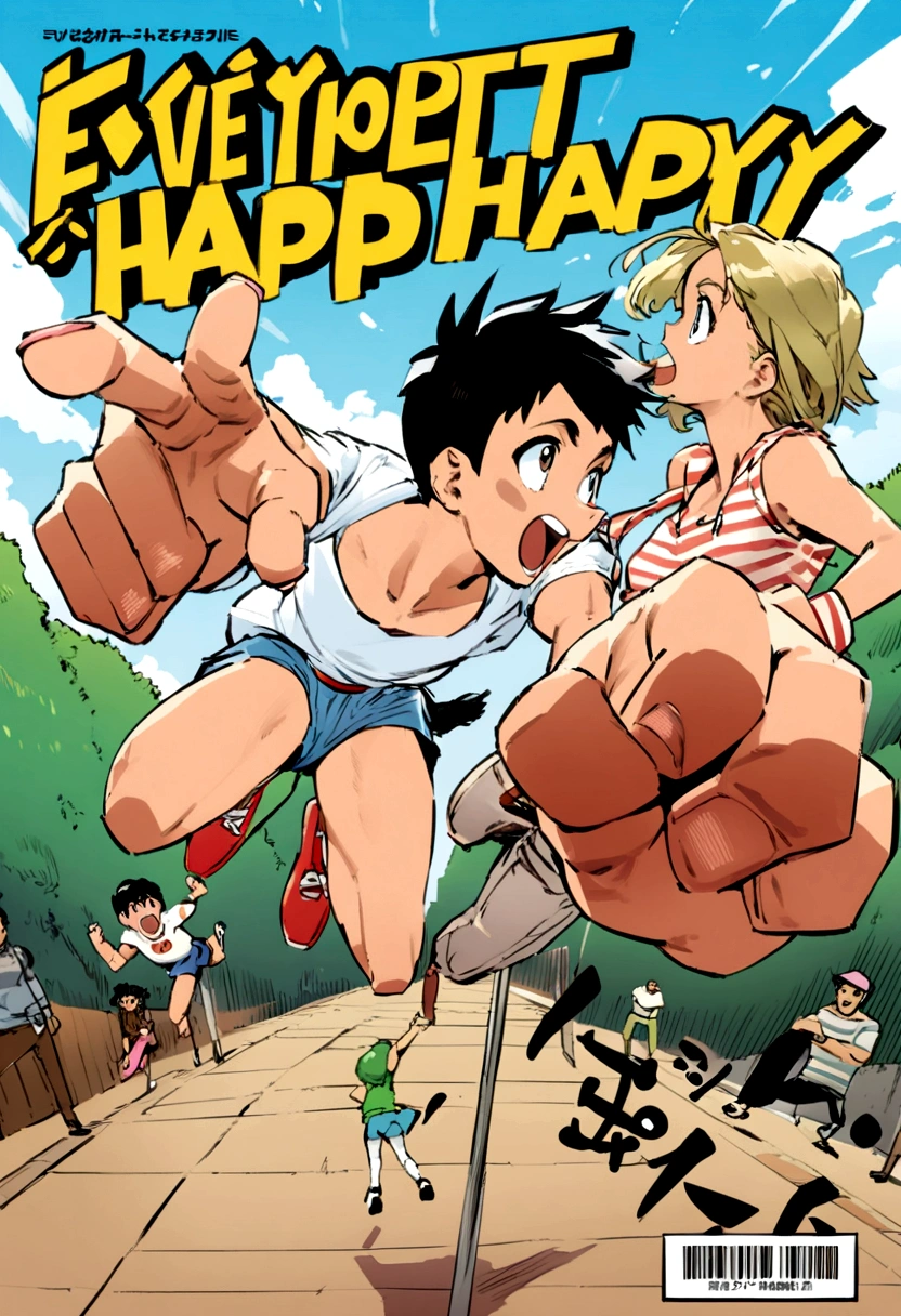 three characters, manga cover, Shonen, jumpping, perspective, two boys and a girl, manga style, Shonen magazine, action, figth, everybody happy