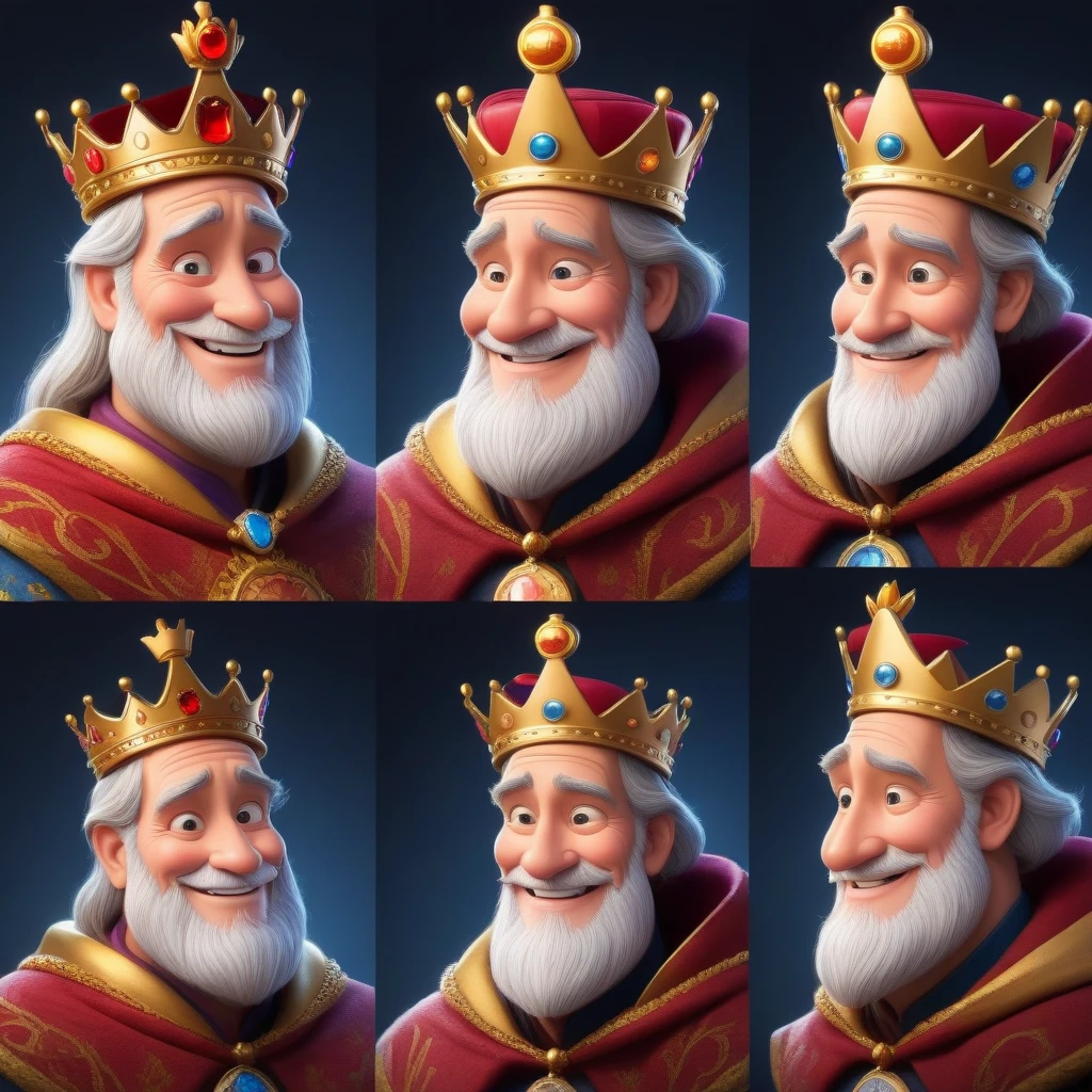 The character is somewhat inspired by Disney Pixar, he wears a crown, smiles, look at me, old man, the character in profile and full face, two images of the same king, (The king holds a coin with his image)