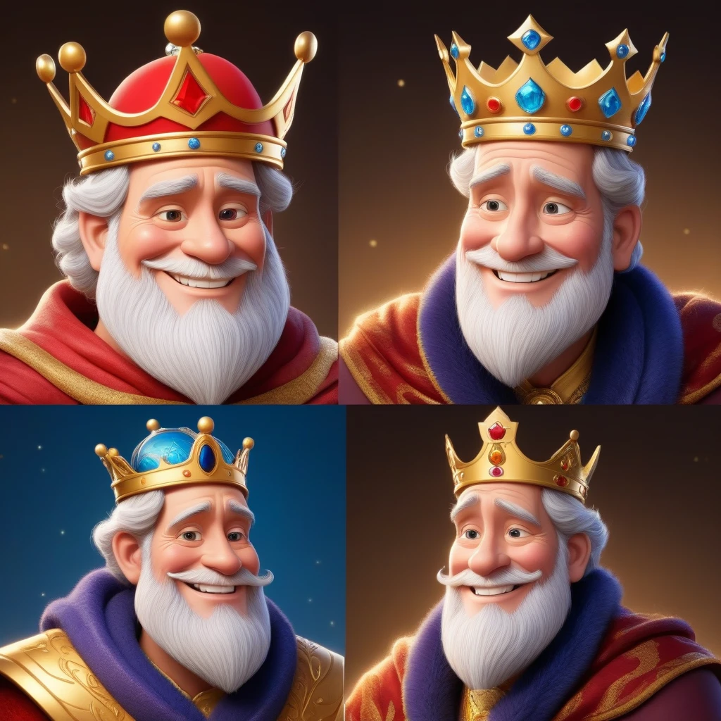 The character is somewhat inspired by Disney Pixar, he wears a crown, smiles, look at me, old man, the character in profile and full face, two images of the same king, (The king holds a coin with his image)