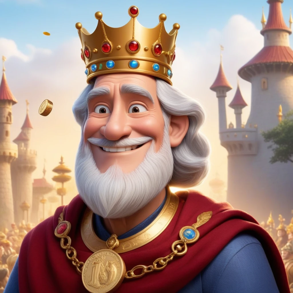The character is somewhat inspired by Disney Pixar, he wears a crown, smiles, look at me, old man, the character in profile and full face, two images of the same king, (The king holds a coin with his image)