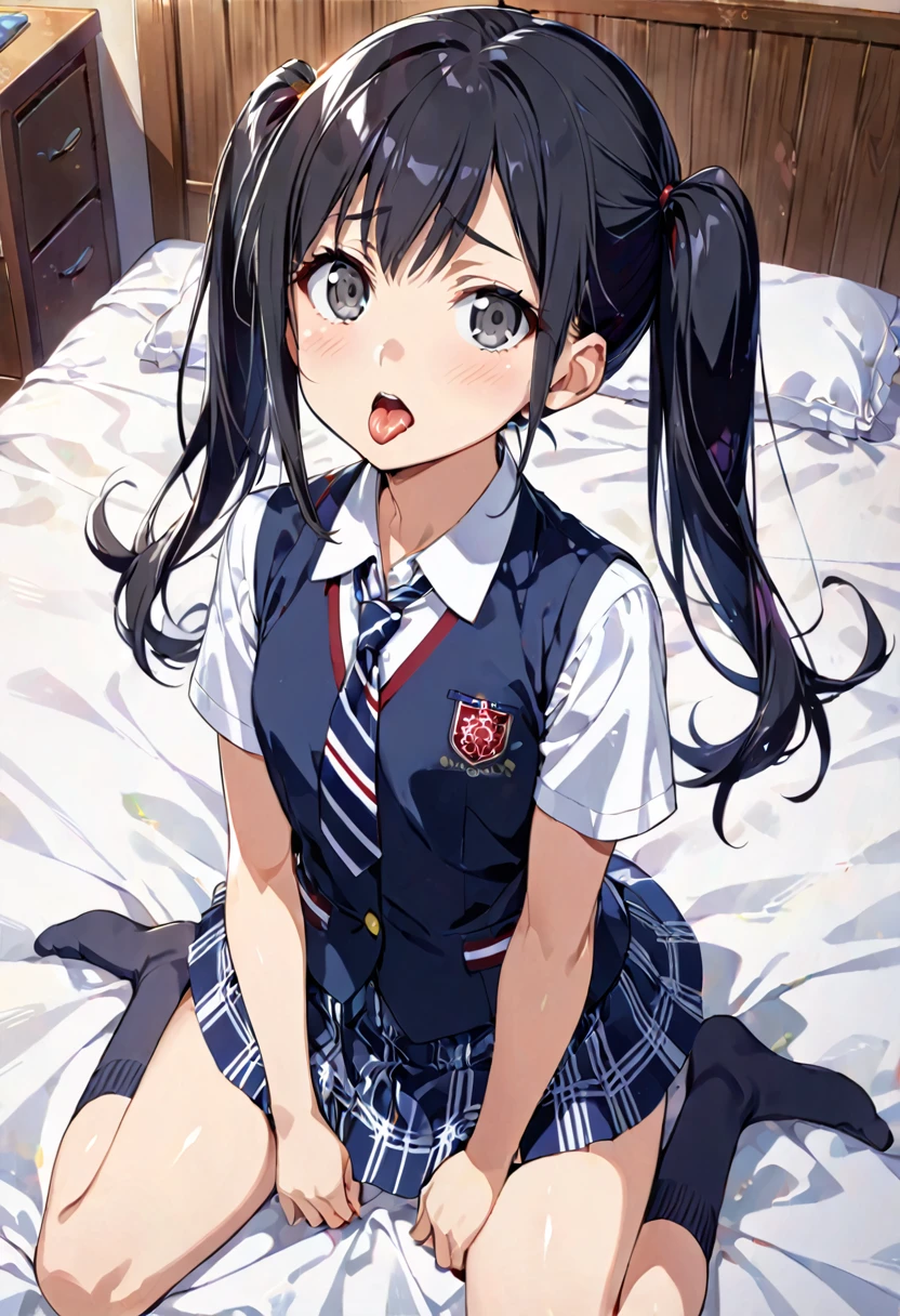 Beautiful girl at 13 years old,Japanese,,,Small and slim,Flat Chest,Small breasts,Baby Face,Small face,Black Hair,Twin tails,Grey Eyes,middle School girls,uniform,Summer clothes,Navy Socks,open mouth,tongue out,Kneeling and sitting,Tie hands behind back,Beautiful and detailed anime art,puzzled look,high angle, looking at viewer, looking ahead, from above,cowboy shot,Sexy vibe,cum on tongue,On the bed,