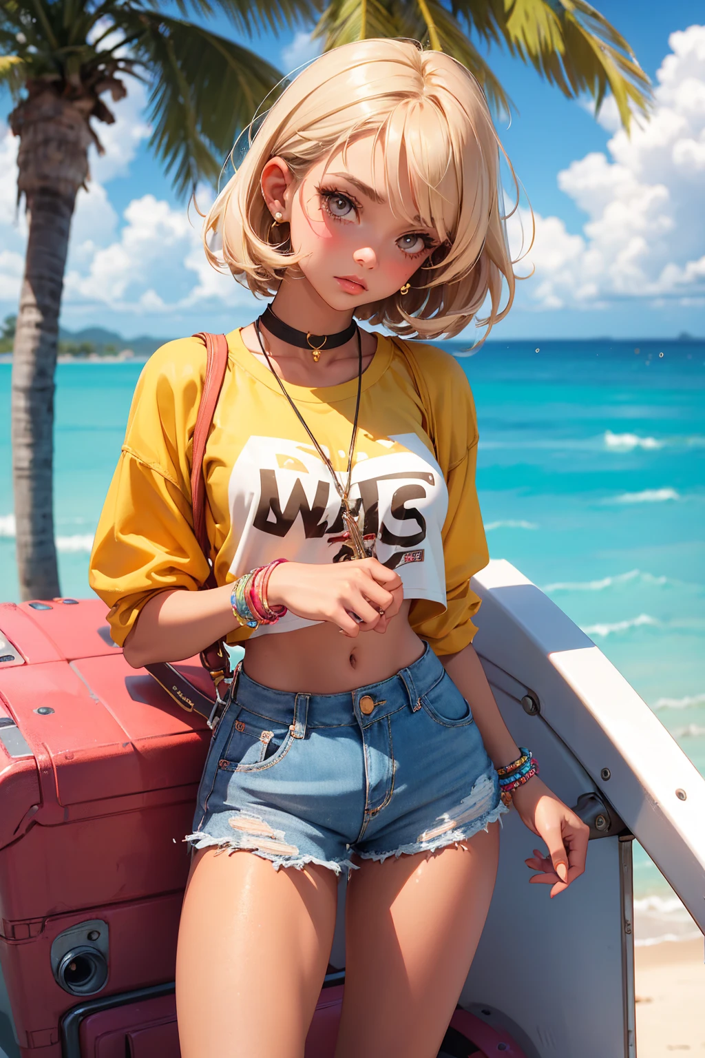 age girl-model 18 years old, beautiful, tanned, blonde, bob hair, bangs, brown eyes, beautiful figure, girl wearing crop shirt and too short mini shorts, beautiful long legs, slave bracelets, slave choker, manicure, cute makeup, sweaty clothes, flirtatiously posing, hot summer, hot flirty, sexy posing, summer outfit, top quality, higest quality, pin-up style, retro 80s style, Daisy Dukes style, Miami vibes,