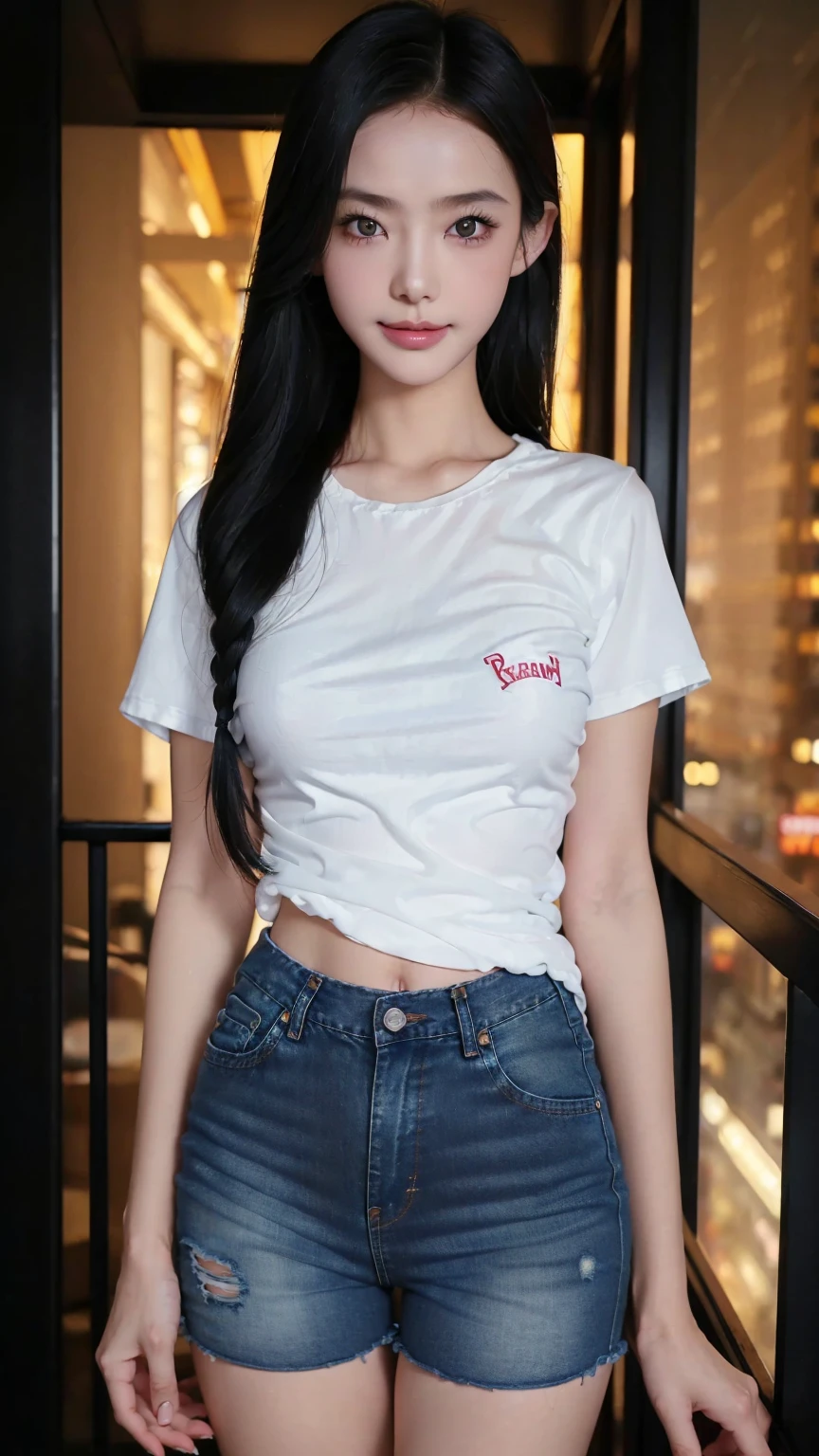 ((RAW photograph, Realistic photo, Best quality, 8K, Masterpiece: 1.3)), (raw photo:1.2), Hyperrealist portrait gorgeous Beautiful Chinese girl, young girl, 16 years old, pretty body, (beautiful breasts: 1.2), very detailed eyes and face, (lustfully naughty face, natural lip, natural makeup: 1.3, blushing, pn1), beautiful detailed eyes, seductive sharp eyes, (charming smile: 1.2), smooth white skin, photo realistic, very detailed faces, ((chiffon t-shirt, black denim tight shorts)), (long legs: 1.2, beautiful long nails), loose curls hairstyle, ((Cinematic standing pose)), (midnight modern balcony background)